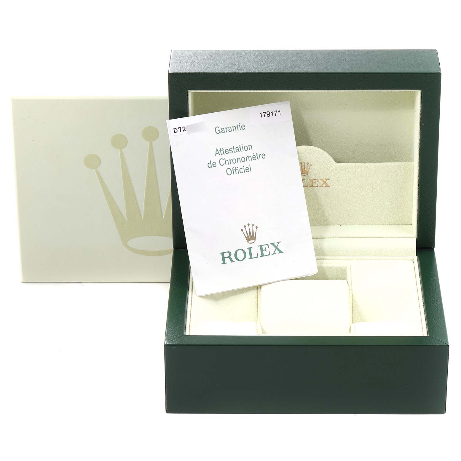This image shows the open box and warranty paper for the Rolex Datejust 179171 Women
s Steel and Gold (two tone) Black Dial 179171 Women
s Steel and Gold (two tone) Black Dial model.