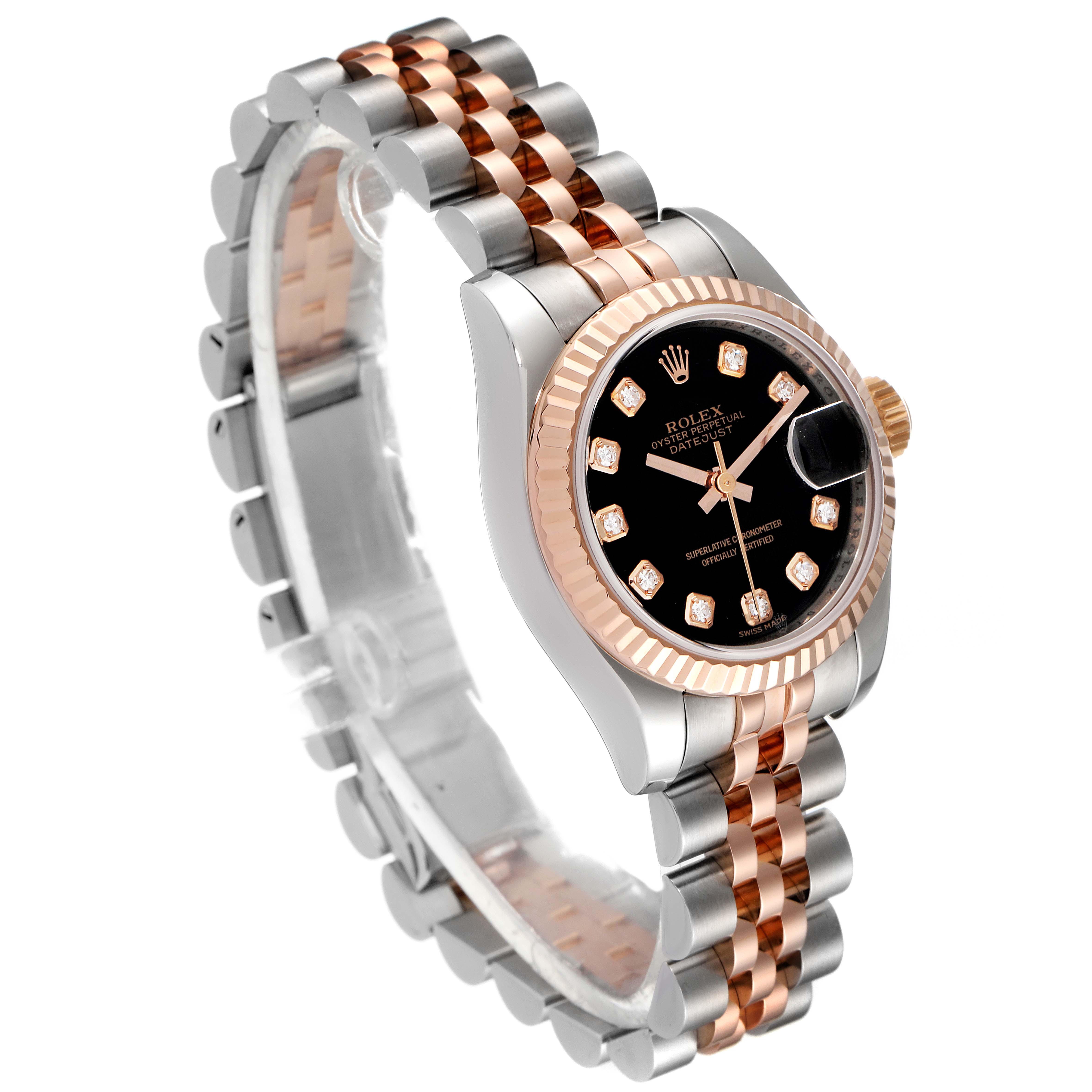 This image shows a Rolex Datejust 179171 Women
s Steel and Gold (two tone) Black Dial 179171 Women
s Steel and Gold (two tone) Black Dial watch at an angled view, highlighting its black dial, two-tone bezel, and Jubilee bracelet.
