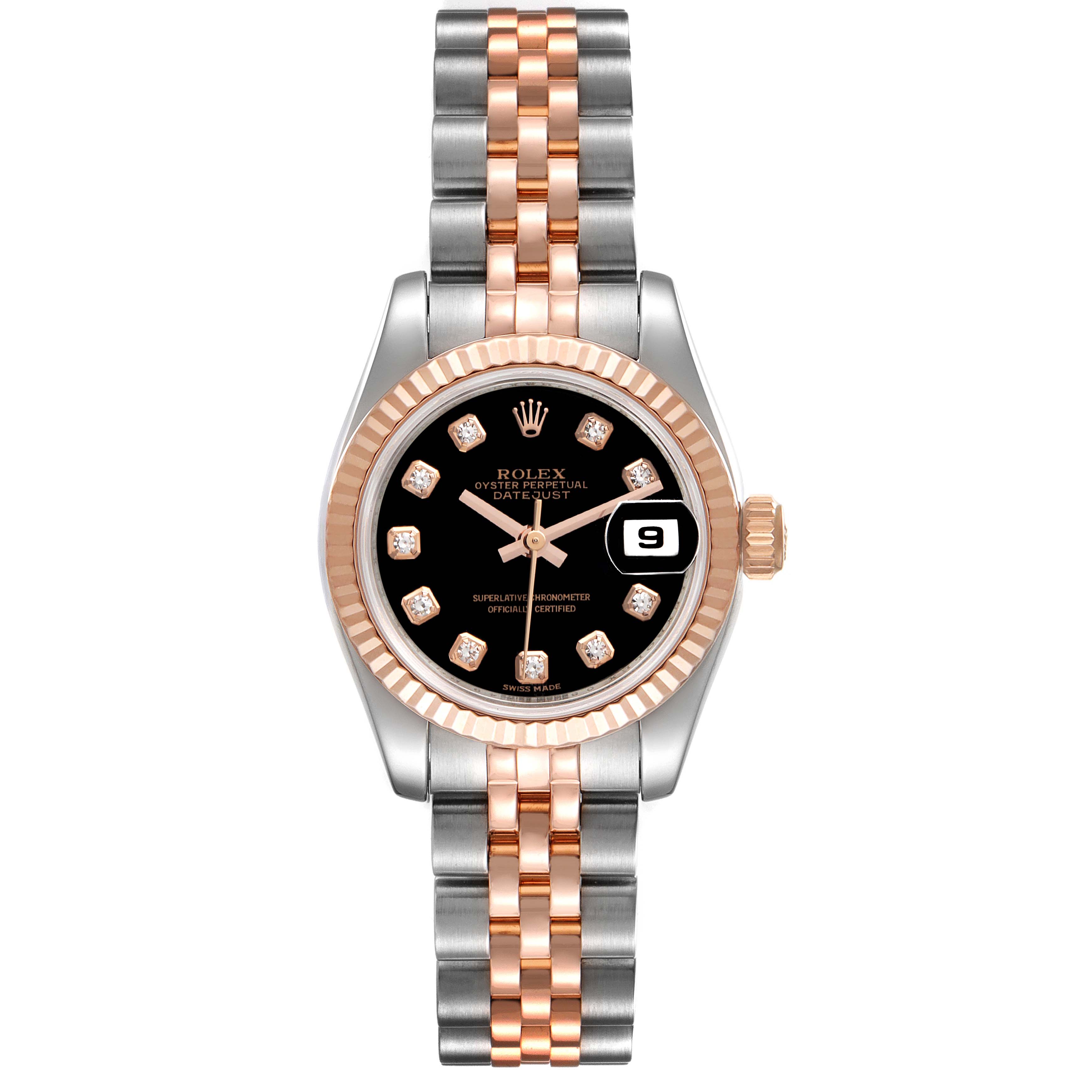 The image displays a Rolex Datejust 179171 Women
s Steel and Gold (two tone) Black Dial 179171 Women
s Steel and Gold (two tone) Black Dial watch from a front view, featuring a two-tone bracelet and a black dial with diamond hour markers.