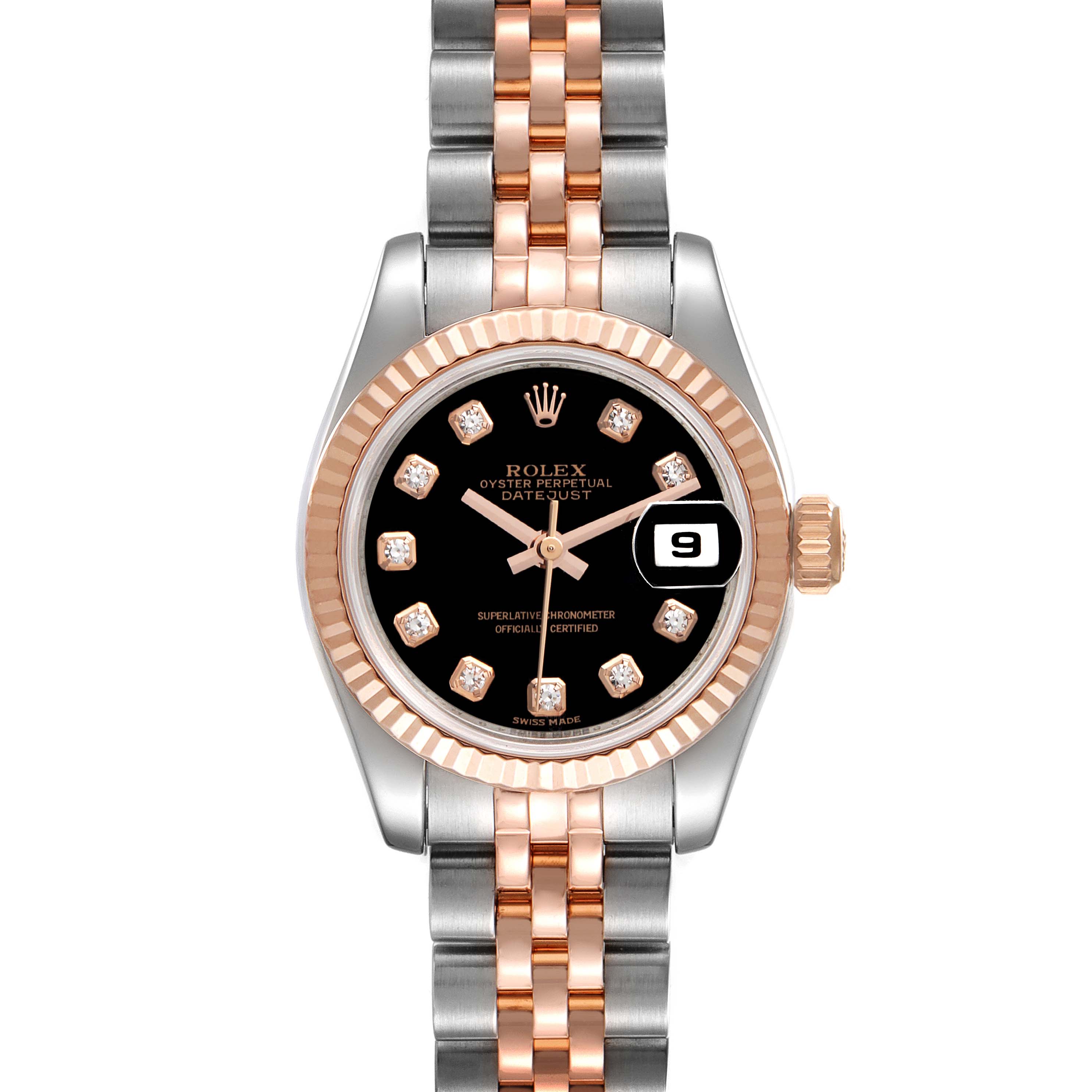 The image shows a Rolex Datejust 179171 Women
s Steel and Gold (two tone) Black Dial 179171 Women
s Steel and Gold (two tone) Black Dial watch from a top-down angle, highlighting its dial, bezel, and bracelet.