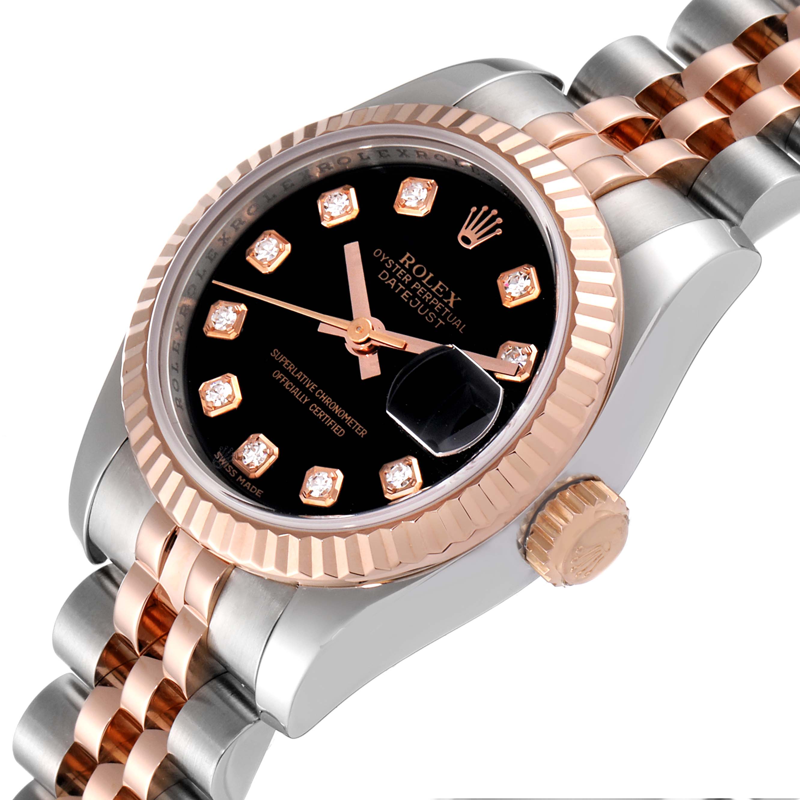 This image shows a Rolex Datejust 179171 Women
s Steel and Gold (two tone) Black Dial 179171 Women
s Steel and Gold (two tone) Black Dial watch angled to display its face, bezel, crown, and part of the bracelet.