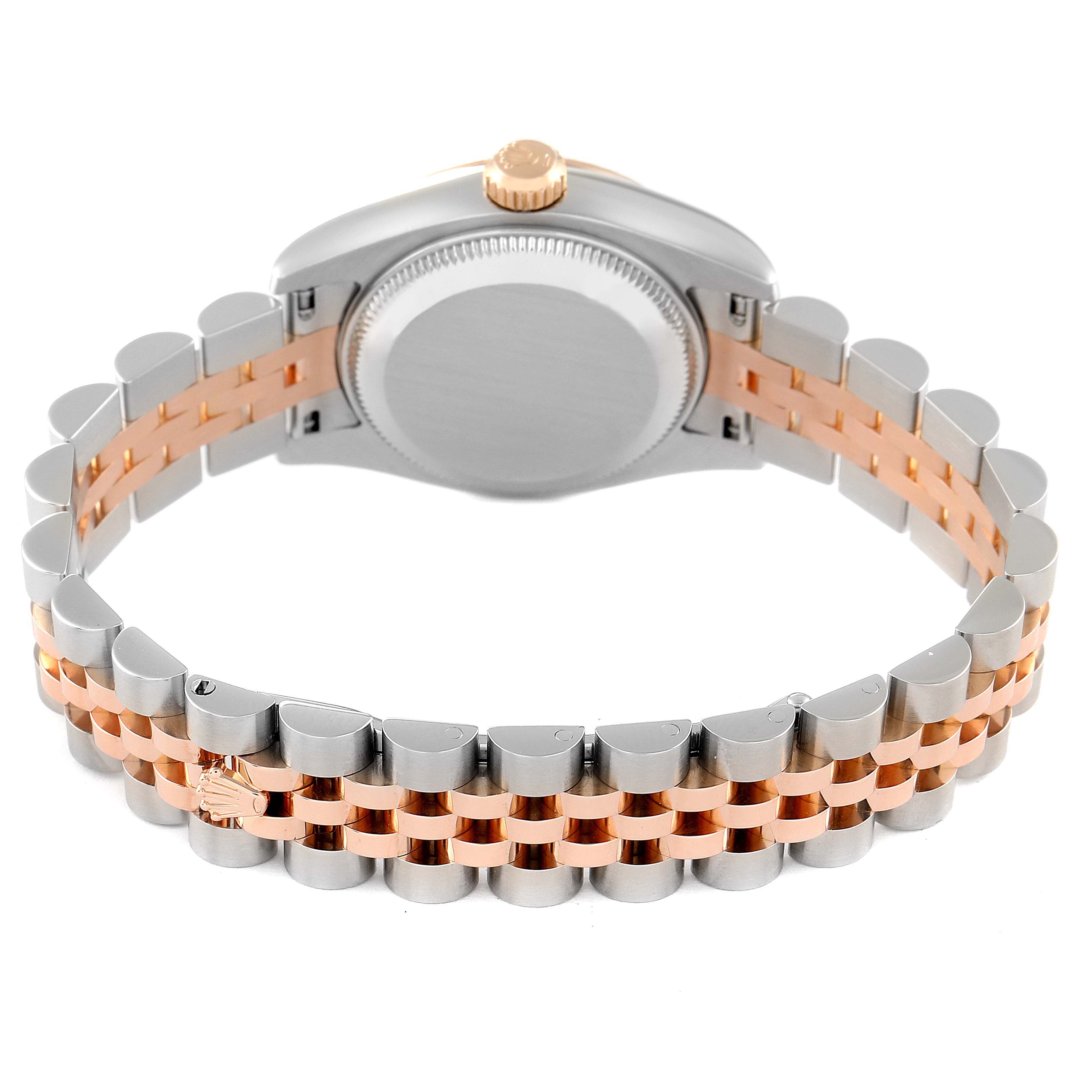 The image shows the back view of the Rolex Datejust 179171 Women
s Steel and Gold (two tone) Black Dial 179171 Women
s Steel and Gold (two tone) Black Dial watch, highlighting the case back and two-tone bracelet.