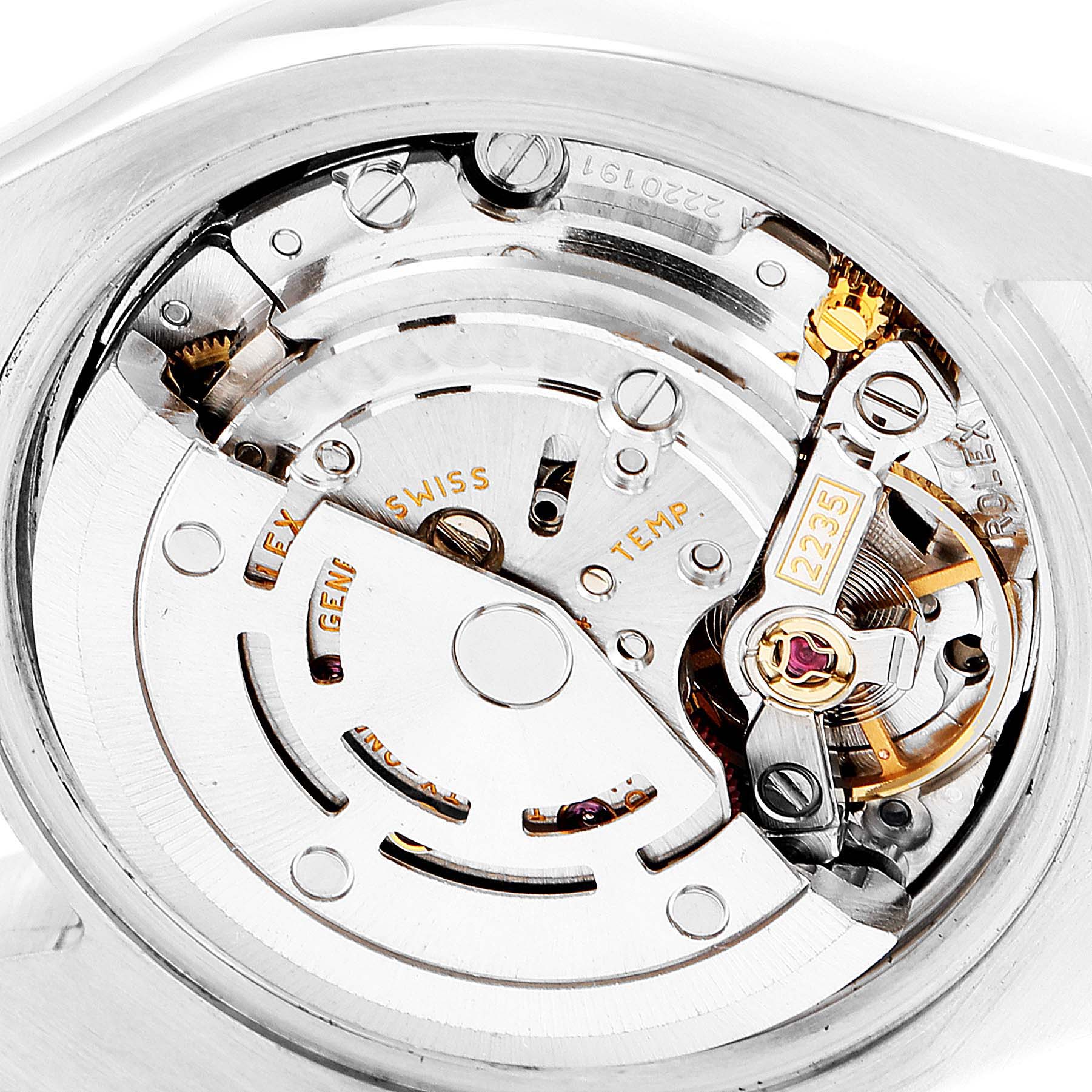 This image shows the internal mechanical movement of a Rolex Datejust 179171 Women
s Steel and Gold (two tone) Black Dial 179171 Women
s Steel and Gold (two tone) Black Dial watch.