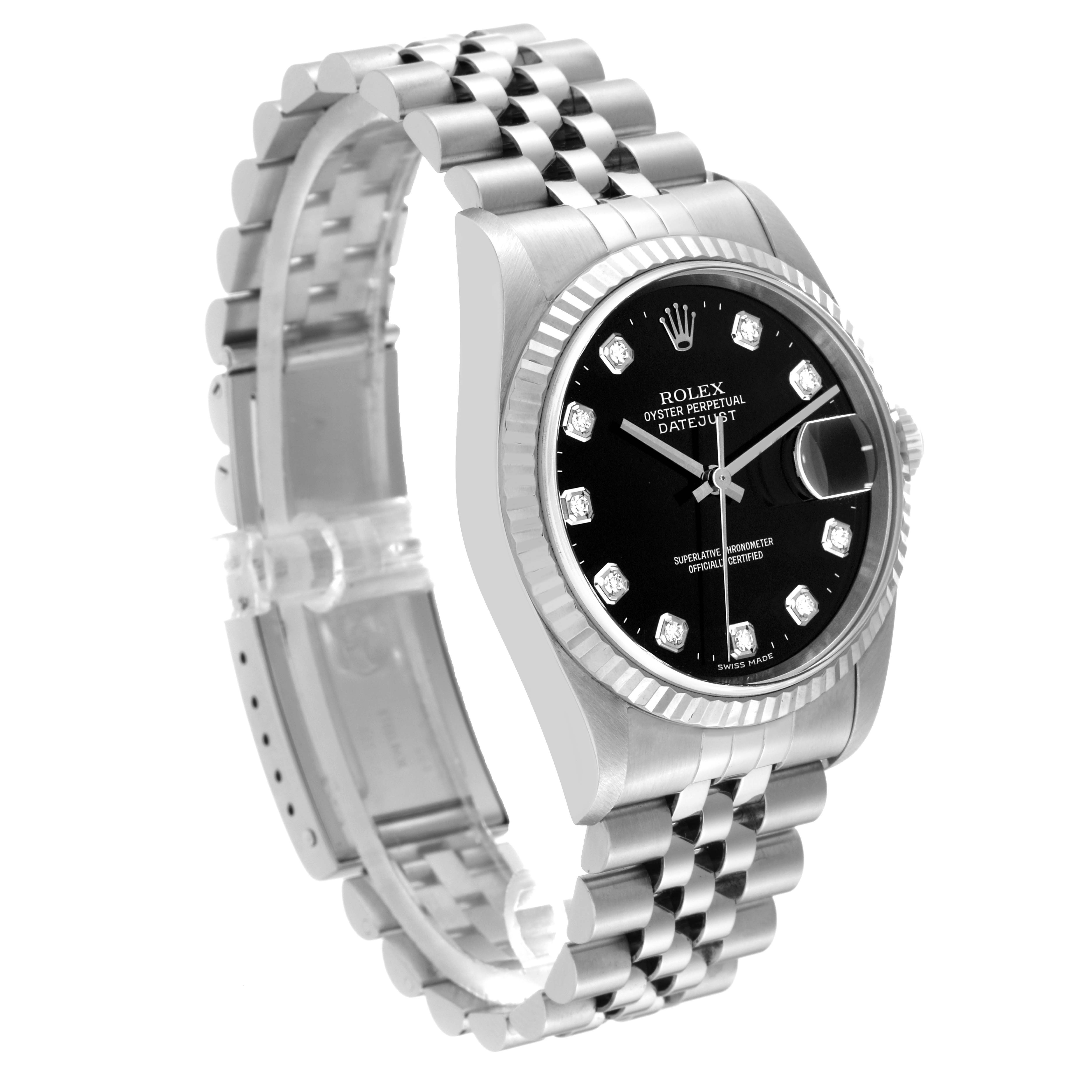 The Rolex Datejust 16234G Men's Stainless Steel Black Dial 16234G Men's Stainless Steel Black Dial watch is shown from a three-quarter angle, displaying the face, case, and part of the bracelet.