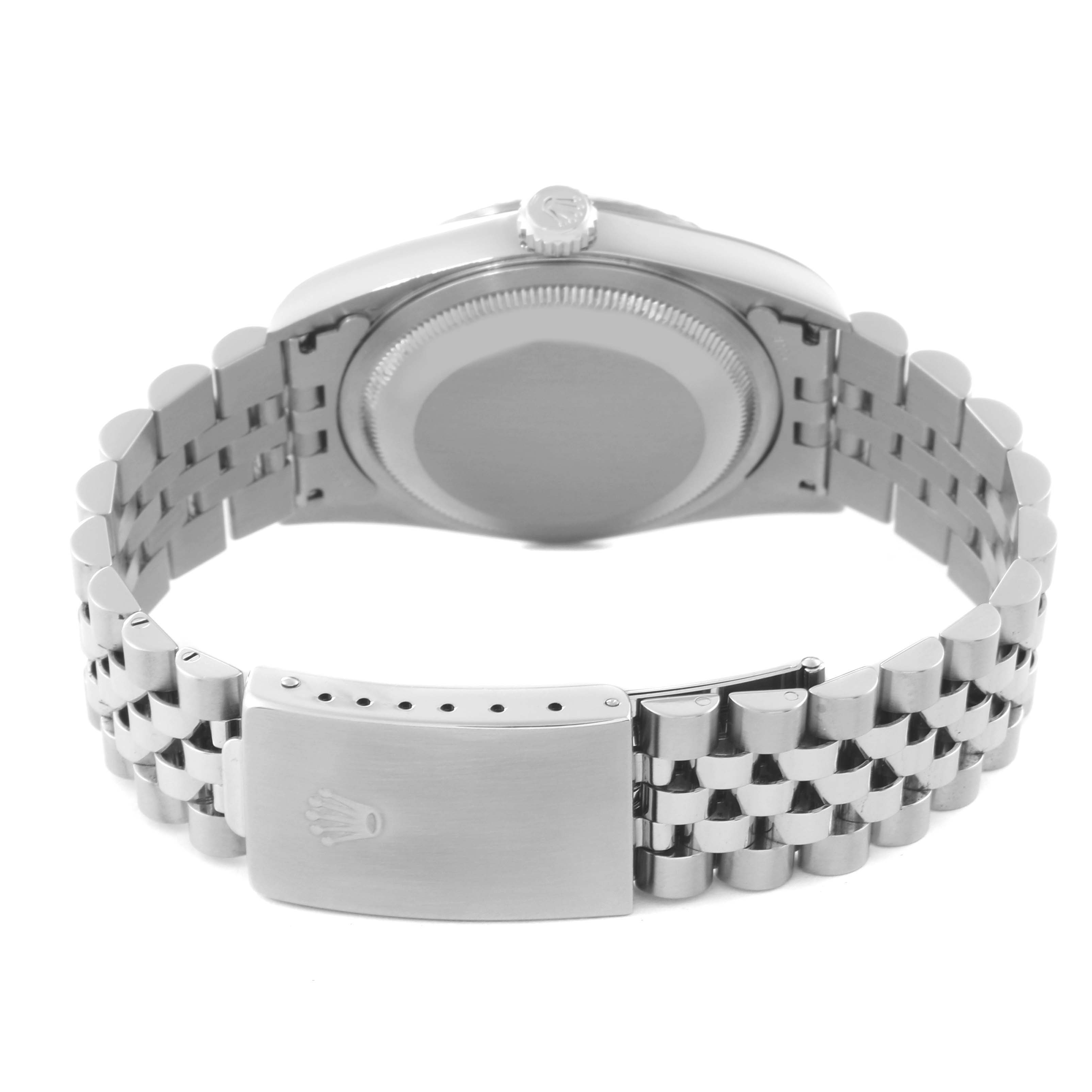 The image shows the back of a Rolex Datejust 16234G Men's Stainless Steel Black Dial 16234G Men's Stainless Steel Black Dial watch, highlighting the bracelet and clasp.