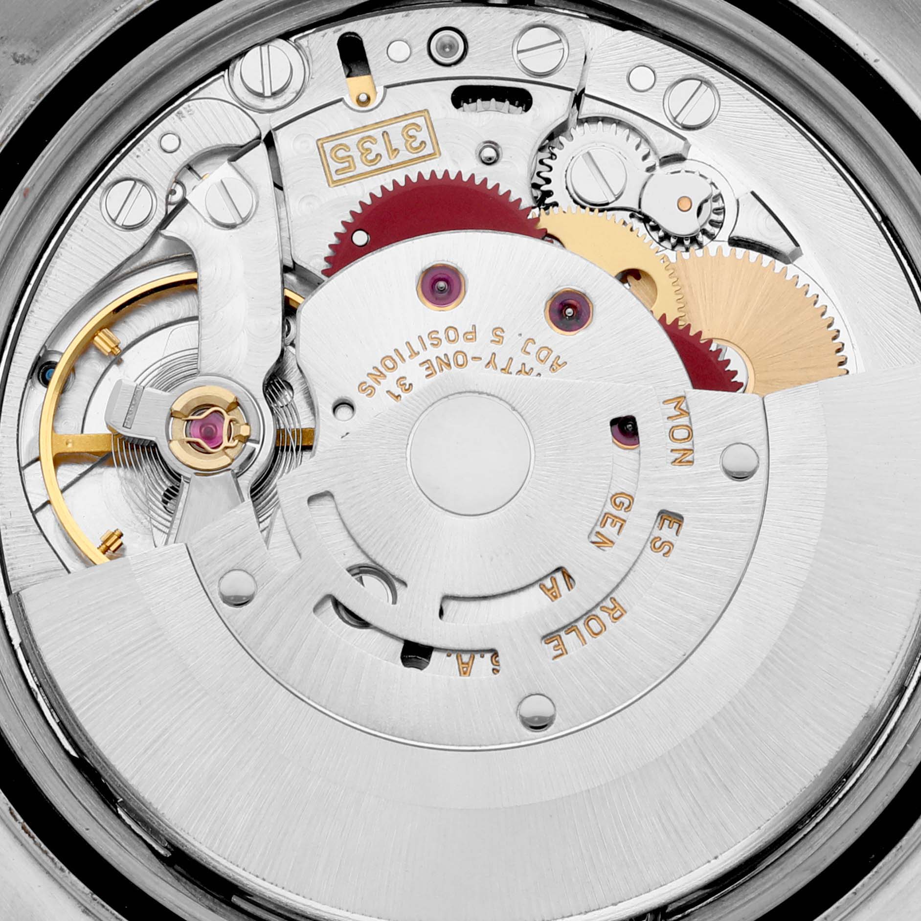 This image shows a close-up view of the intricate inner mechanism of the Rolex Datejust 16234G Men's Stainless Steel Black Dial 16234G Men's Stainless Steel Black Dial watch, highlighting its gears and movement components.