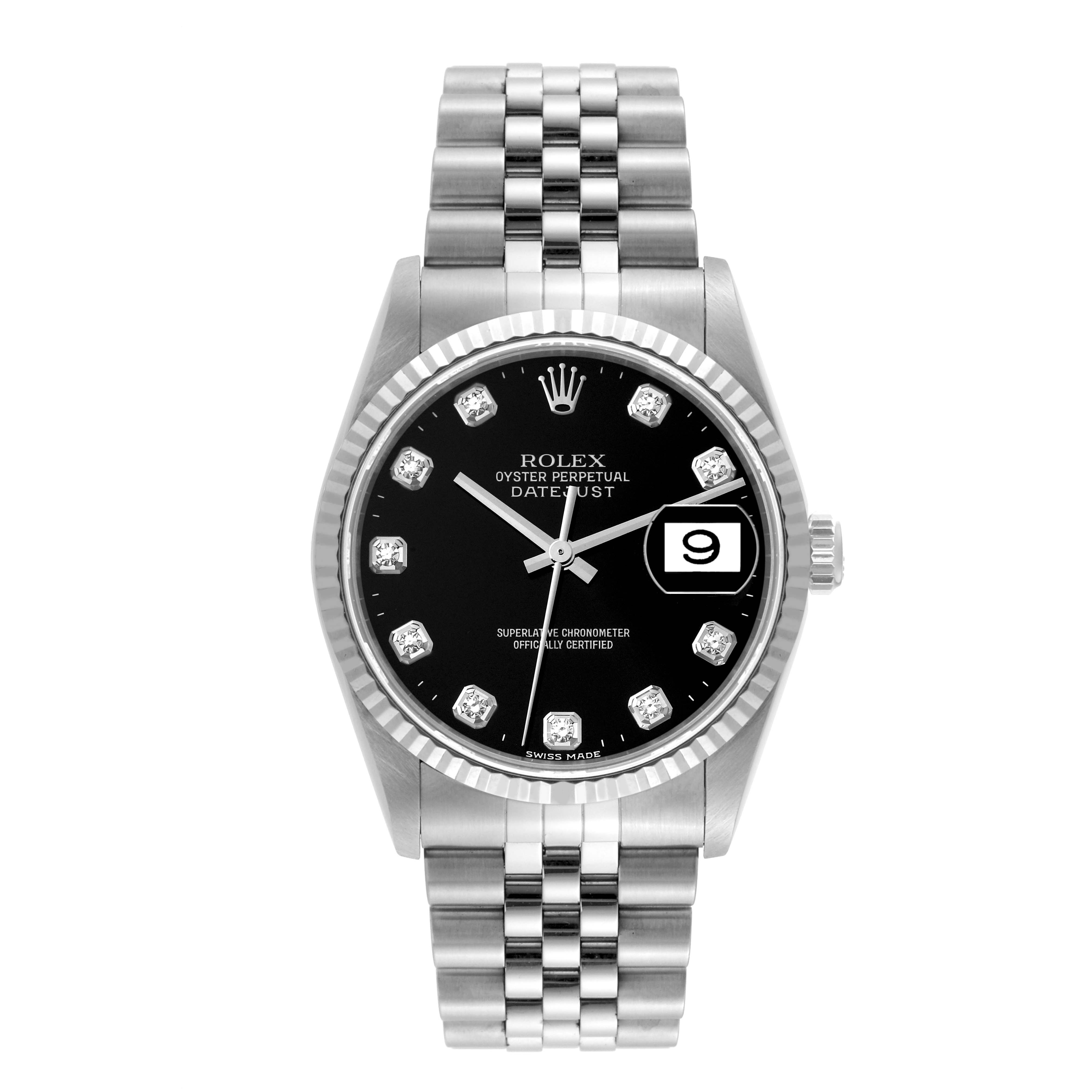 The image shows a front view of a Rolex Datejust 16234G Men's Stainless Steel Black Dial 16234G Men's Stainless Steel Black Dial watch, featuring a black dial, date window, and a metal bracelet.