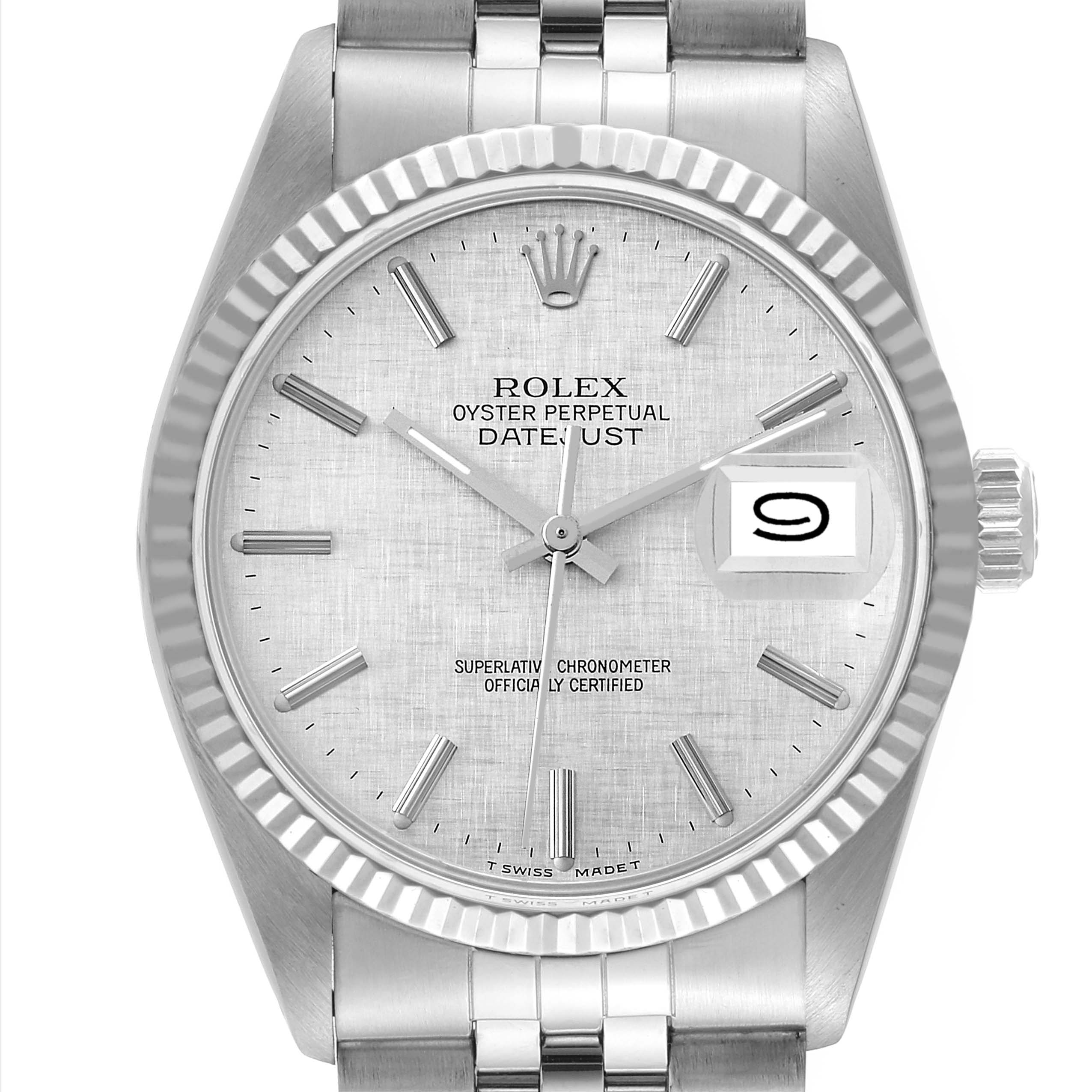 This image shows a front view of the Rolex Vintage Collection 16014 Men's Stainless Steel Silver Dial 16014 Men's Stainless Steel Silver Dial Oyster Perpetual Datejust watch, featuring the dial, hands, and bracelet.