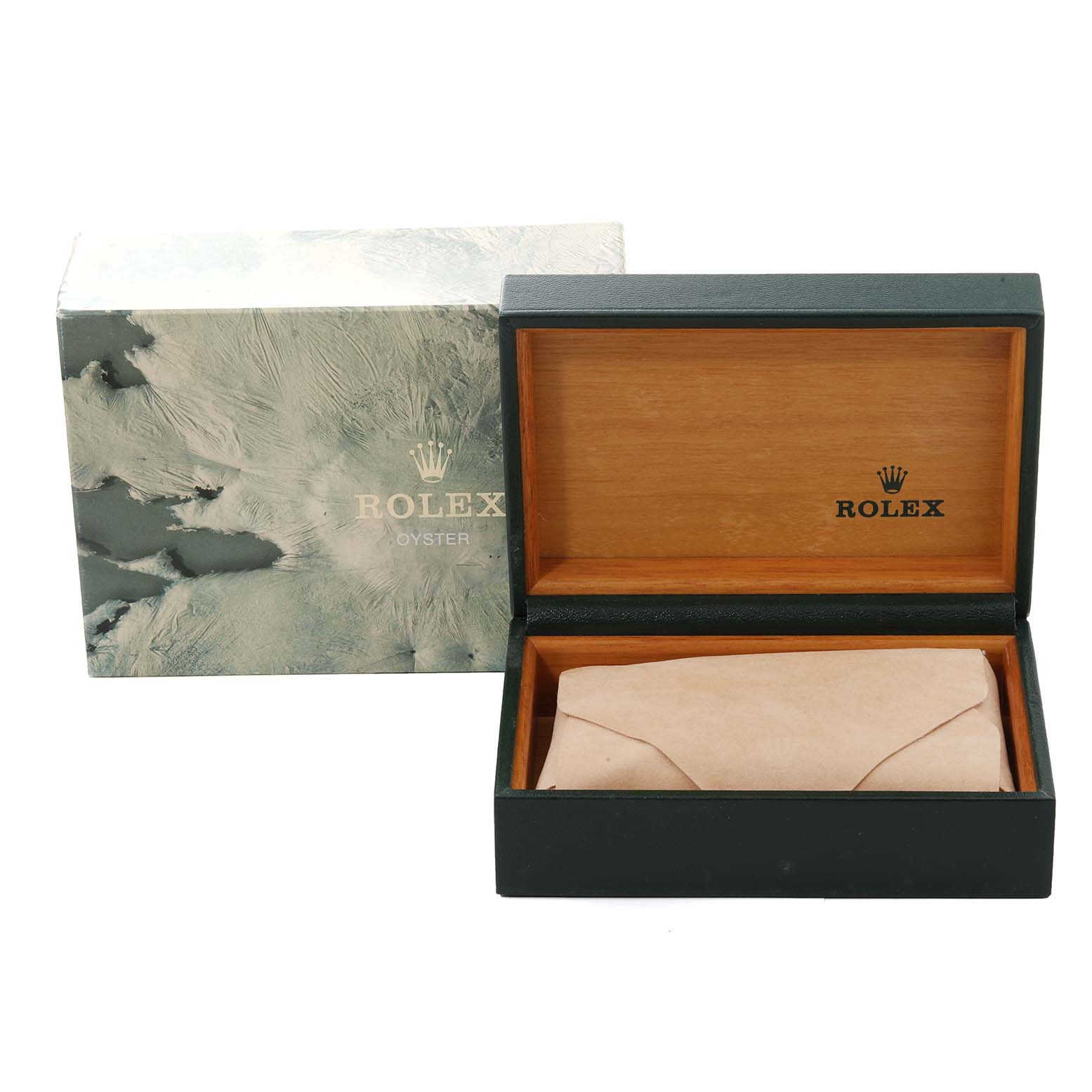 The image shows the open box and outer case for the Rolex Vintage Collection 16014 Men's Stainless Steel Silver Dial 16014 Men's Stainless Steel Silver Dial model watch.