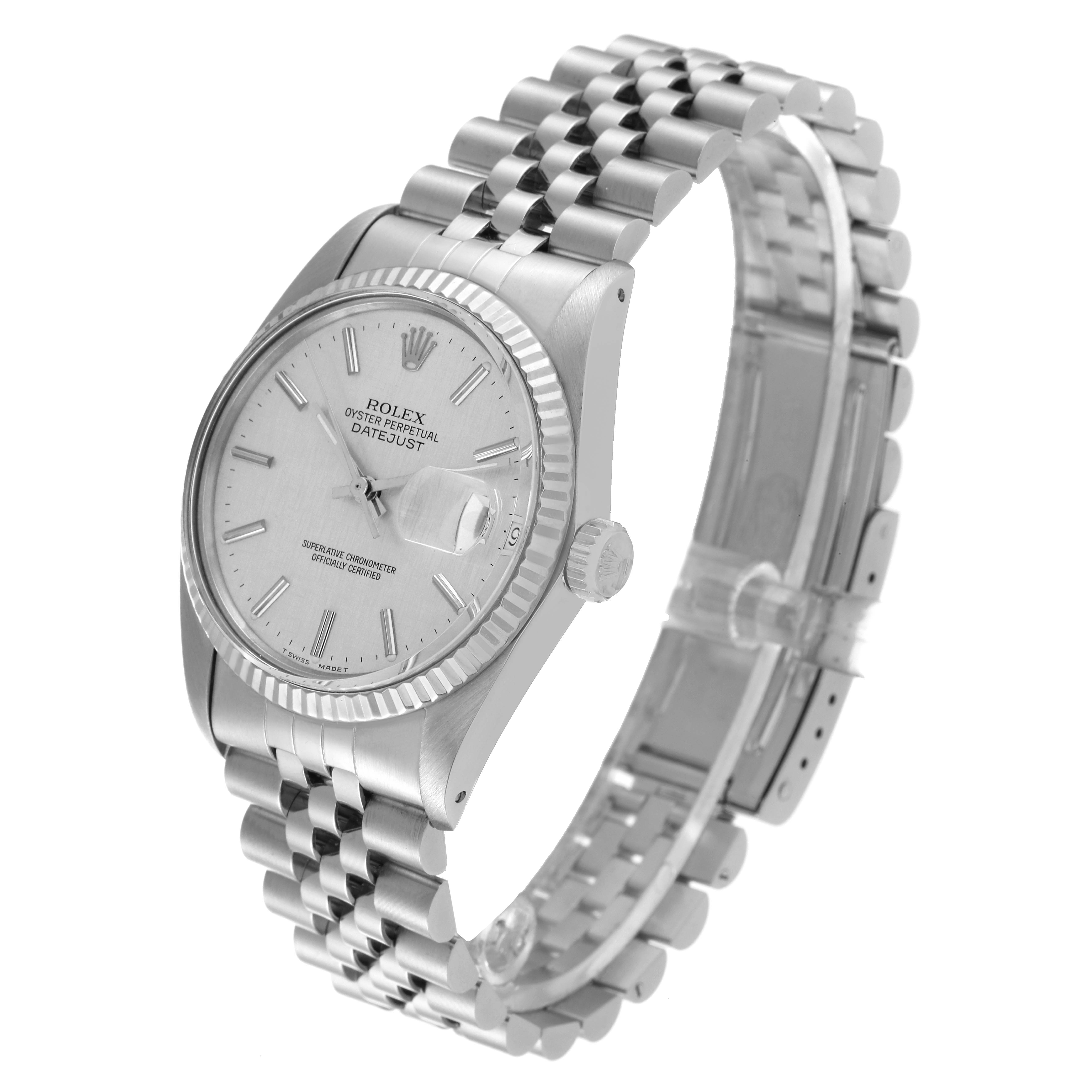 The Rolex Vintage Collection 16014 Men's Stainless Steel Silver Dial 16014 Men's Stainless Steel Silver Dial Datejust watch is shown at an angled side view, highlighting the face, bezel, crown, and bracelet.
