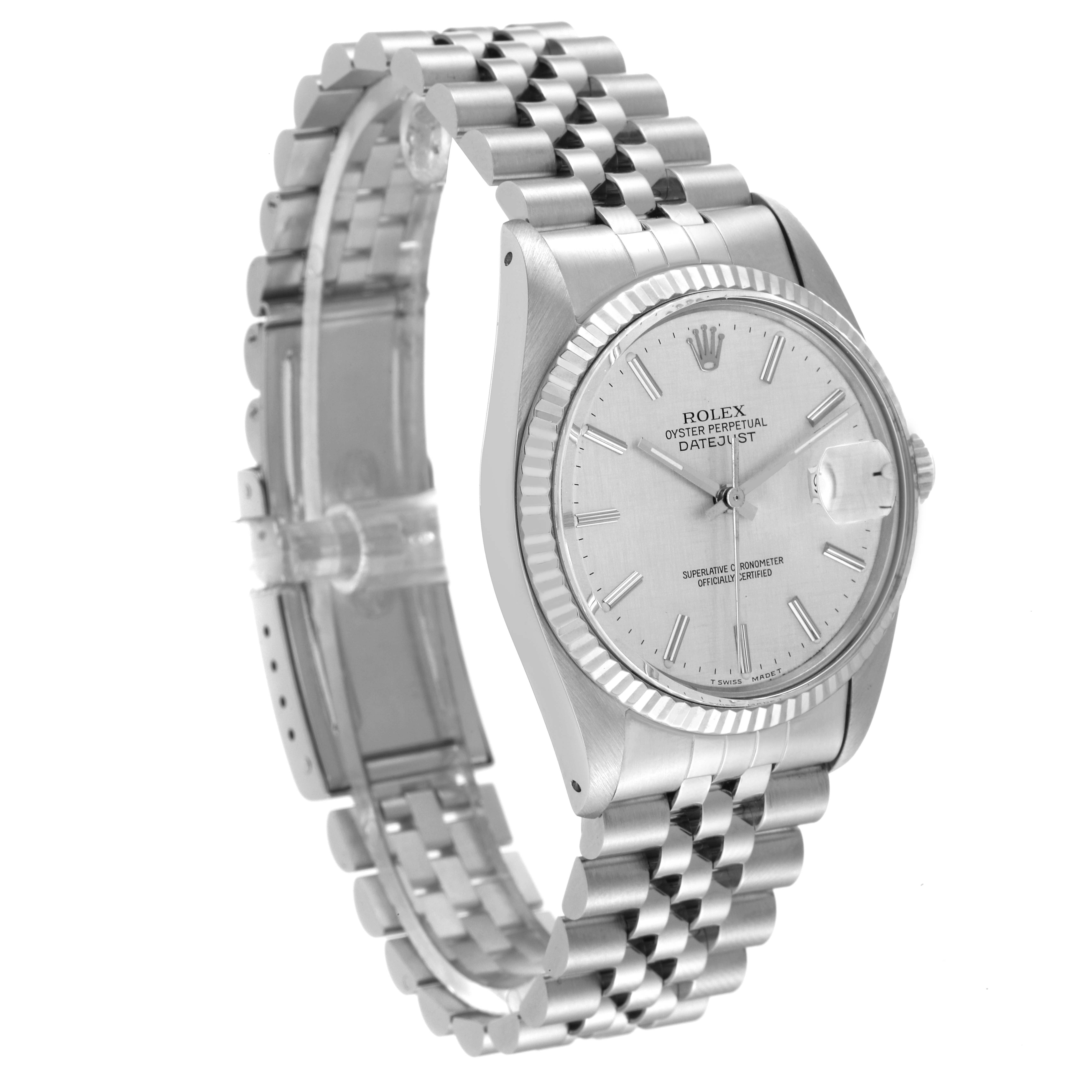 The image shows a side angle of the Rolex Vintage Collection 16014 Men's Stainless Steel Silver Dial 16014 Men's Stainless Steel Silver Dial Datejust watch, highlighting its jubilee bracelet and fluted bezel.