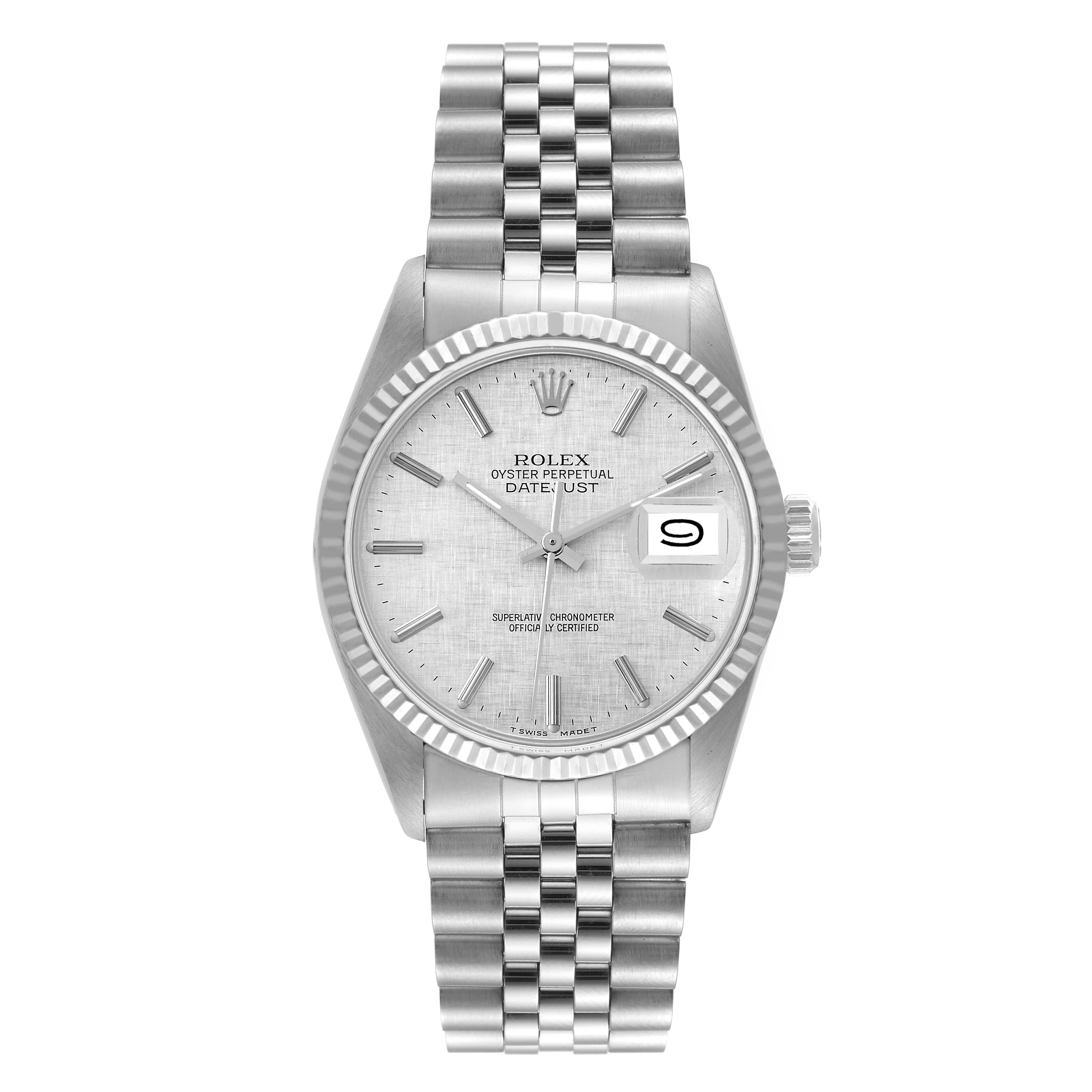 The image shows a frontal view of the Rolex Vintage Collection 16014 Men's Stainless Steel Silver Dial 16014 Men's Stainless Steel Silver Dial Oyster Perpetual Datejust watch, displaying the face, bracelet, and date.