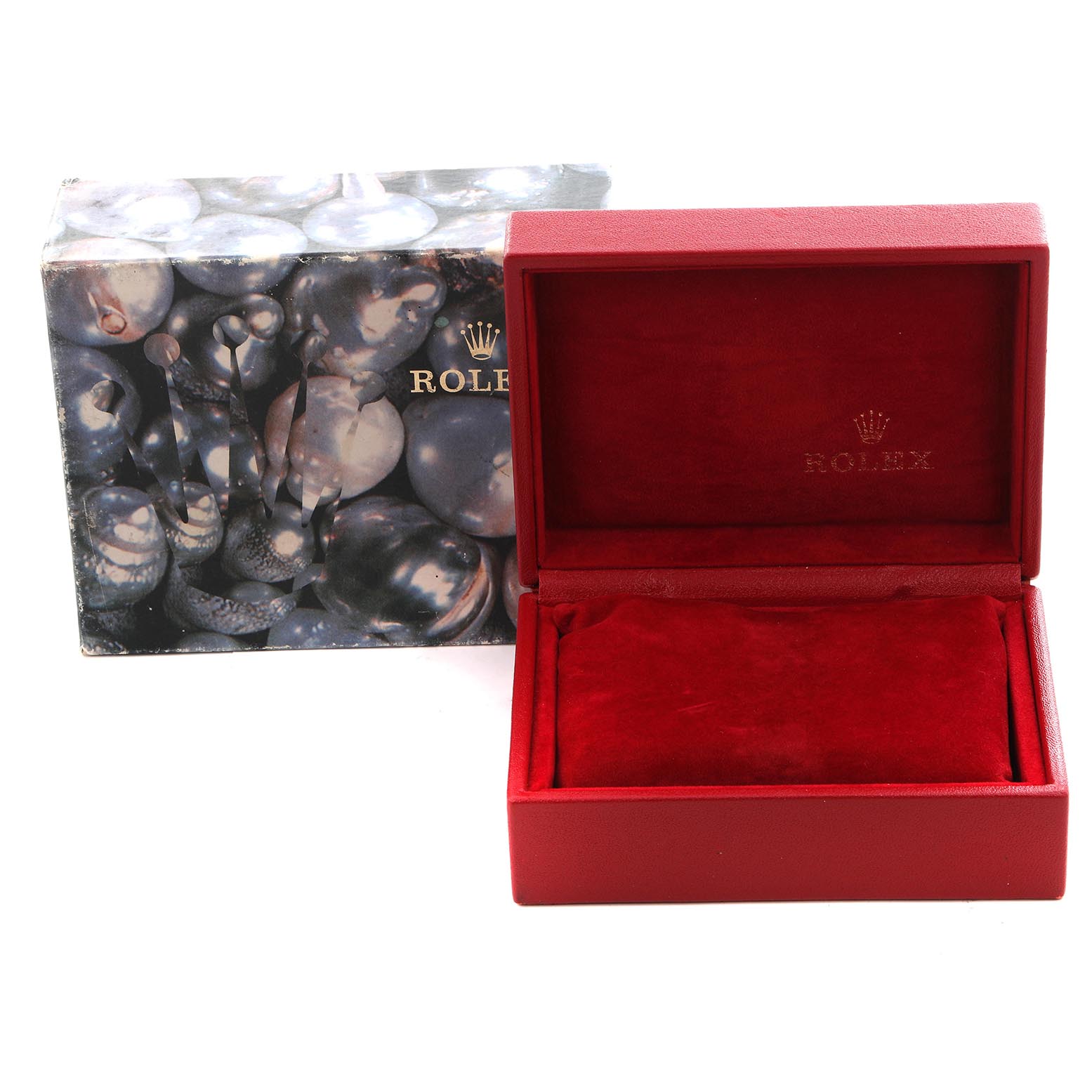 The image shows a red Rolex Datejust 69173 Women's Steel and Gold (two tone) Champagne Dial 69173 Women's Steel and Gold (two tone) Champagne Dial watch box and outer packaging, with the box open, revealing a velvet-lined interior.