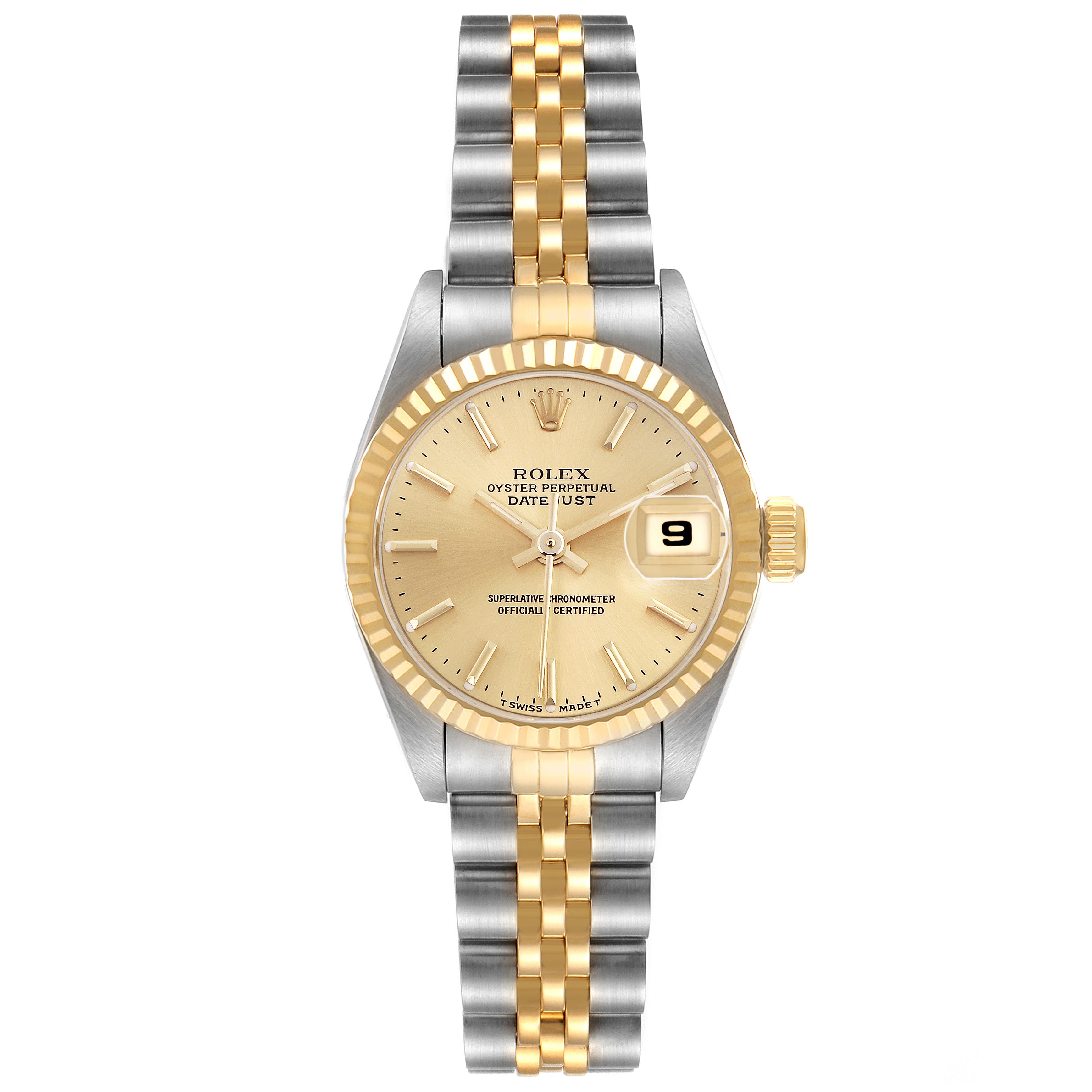 The Rolex Datejust 69173 Women's Steel and Gold (two tone) Champagne Dial 69173 Women's Steel and Gold (two tone) Champagne Dial watch is shown from a front angle, displaying the face, fluted bezel, jubilee bracelet, and date window.