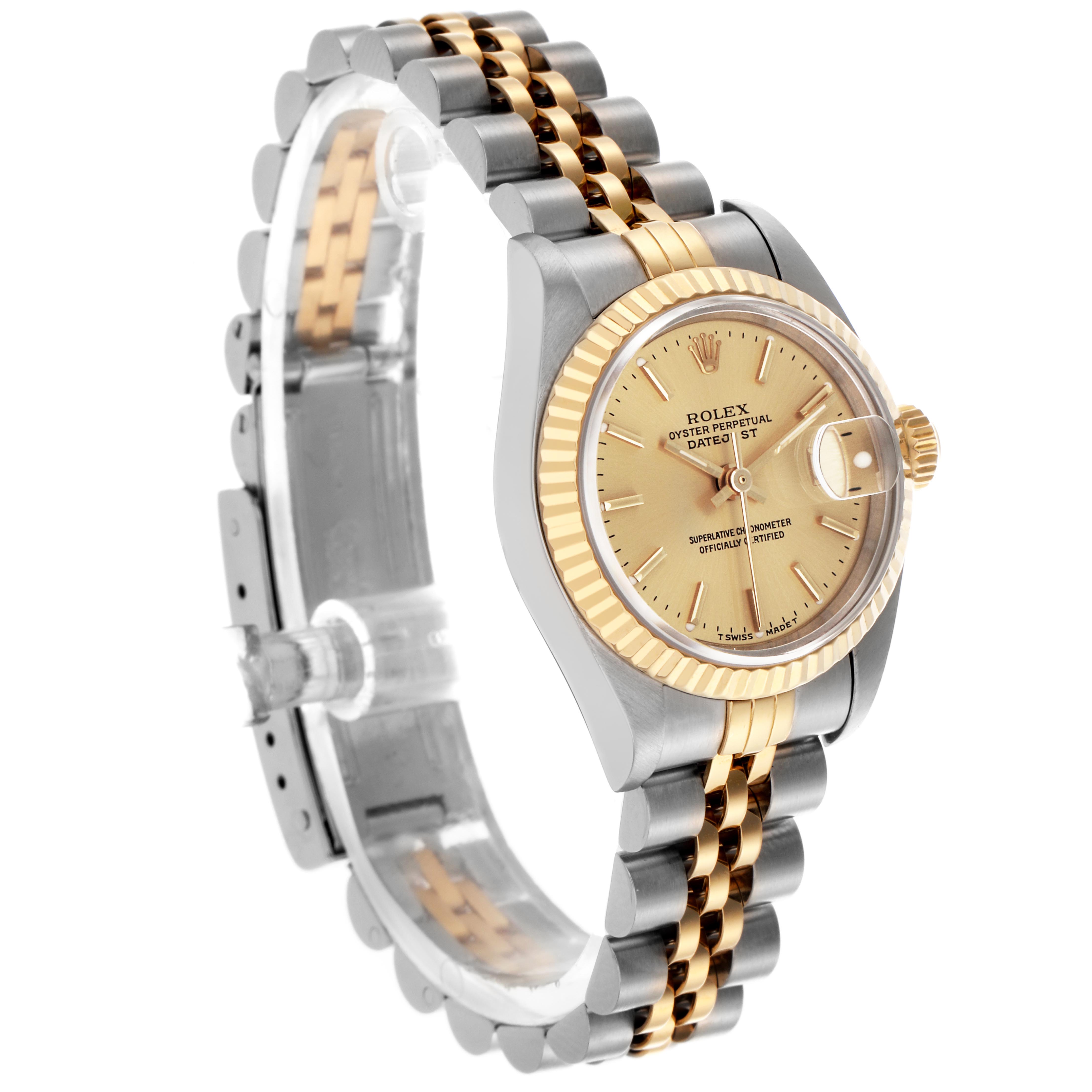 The Rolex Datejust 69173 Women's Steel and Gold (two tone) Champagne Dial 69173 Women's Steel and Gold (two tone) Champagne Dial watch is shown at a three-quarter angle, highlighting the bezel, dial, and two-tone bracelet.