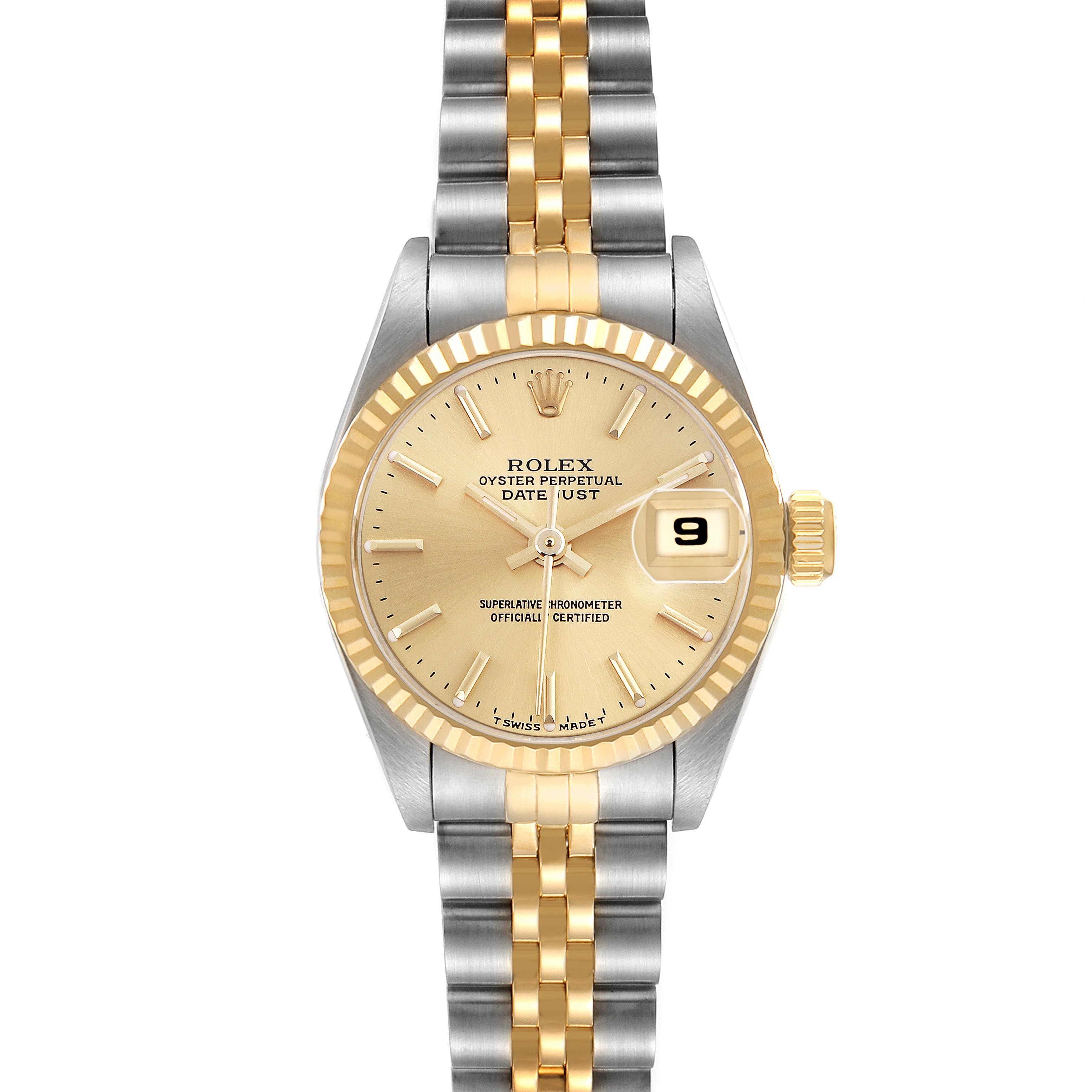 The Rolex Datejust 69173 Women's Steel and Gold (two tone) Champagne Dial 69173 Women's Steel and Gold (two tone) Champagne Dial watch is shown from a front angle, displaying the face, bezel, crown, and part of the bracelet.