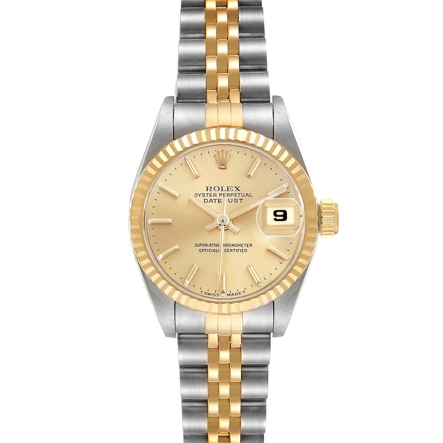 The Rolex Datejust watch is shown from a front angle, displaying the face, bezel, crown, and part of the bracelet.