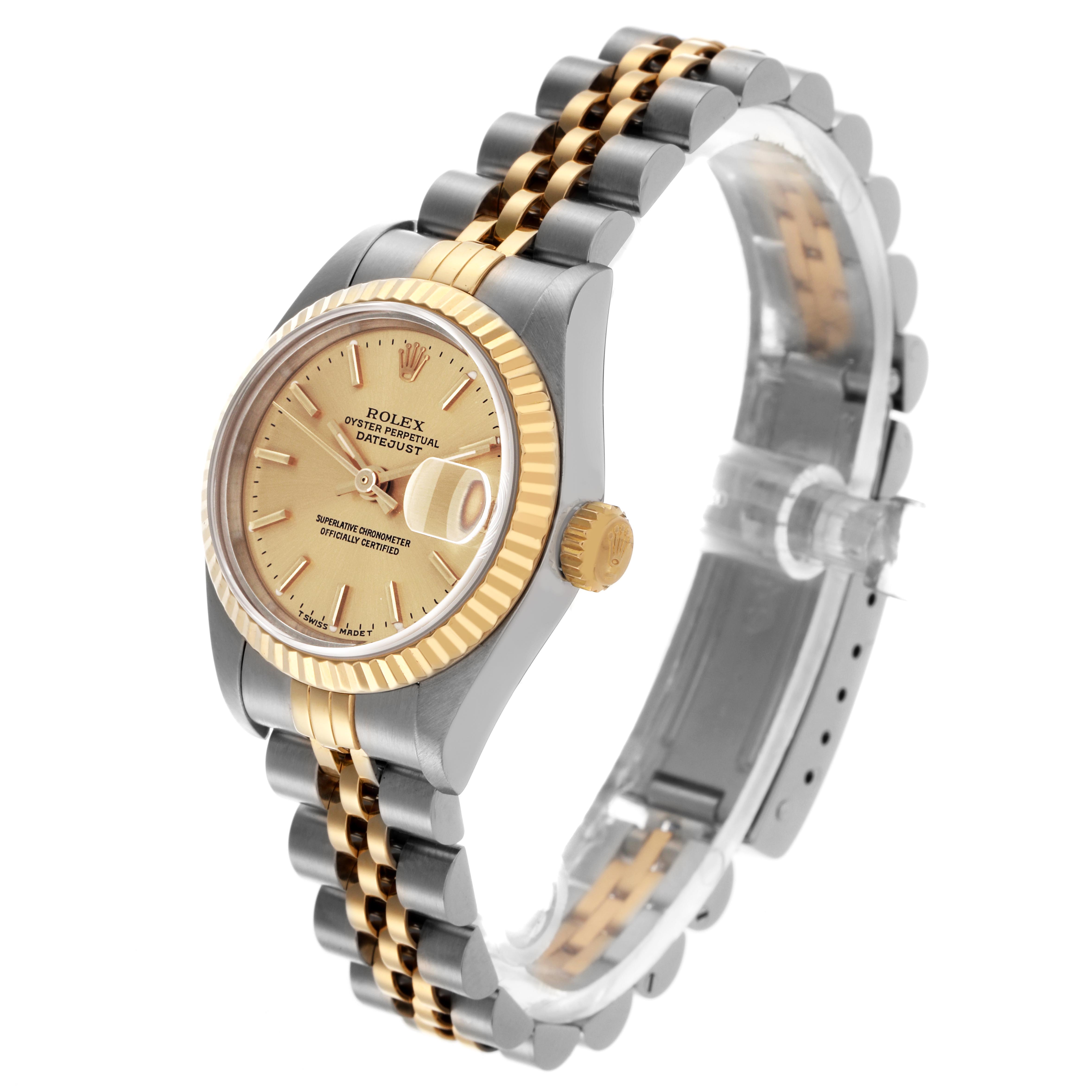 The image shows a Rolex Datejust 69173 Women's Steel and Gold (two tone) Champagne Dial 69173 Women's Steel and Gold (two tone) Champagne Dial watch at a 3/4 angle, highlighting the bezel, crown, dial, and two-tone bracelet.