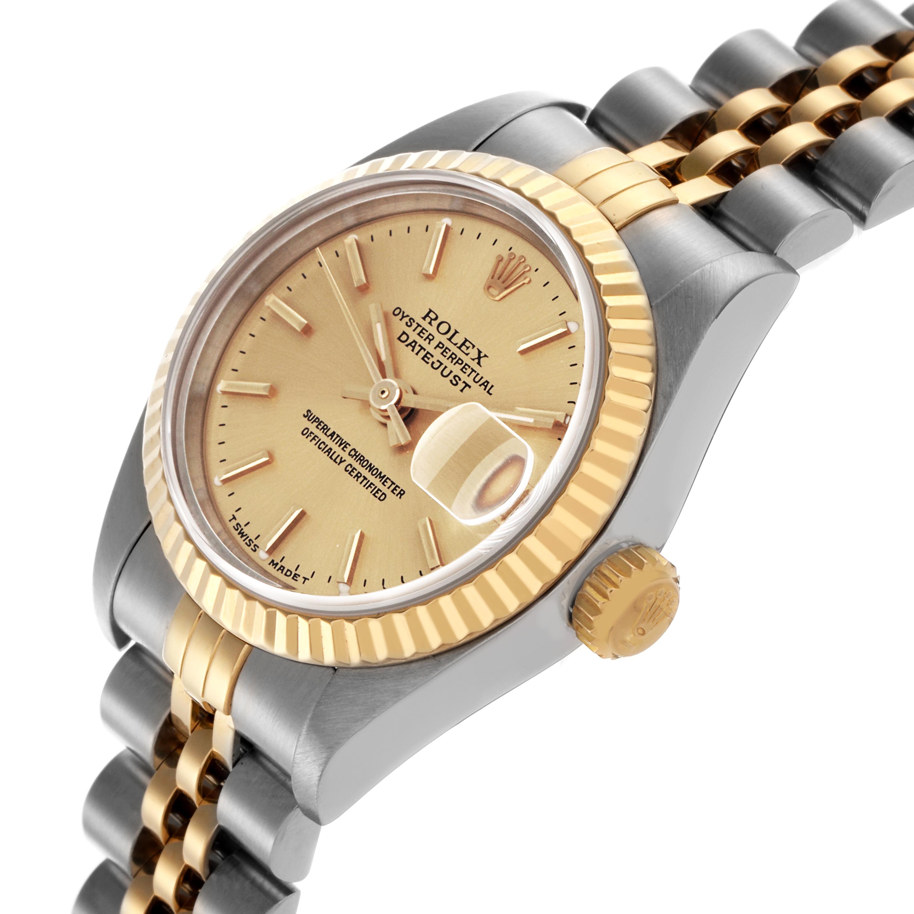 The Rolex Datejust 69173 Women's Steel and Gold (two tone) Champagne Dial 69173 Women's Steel and Gold (two tone) Champagne Dial watch is shown at an angle displaying the dial, crown, and partial bracelet.