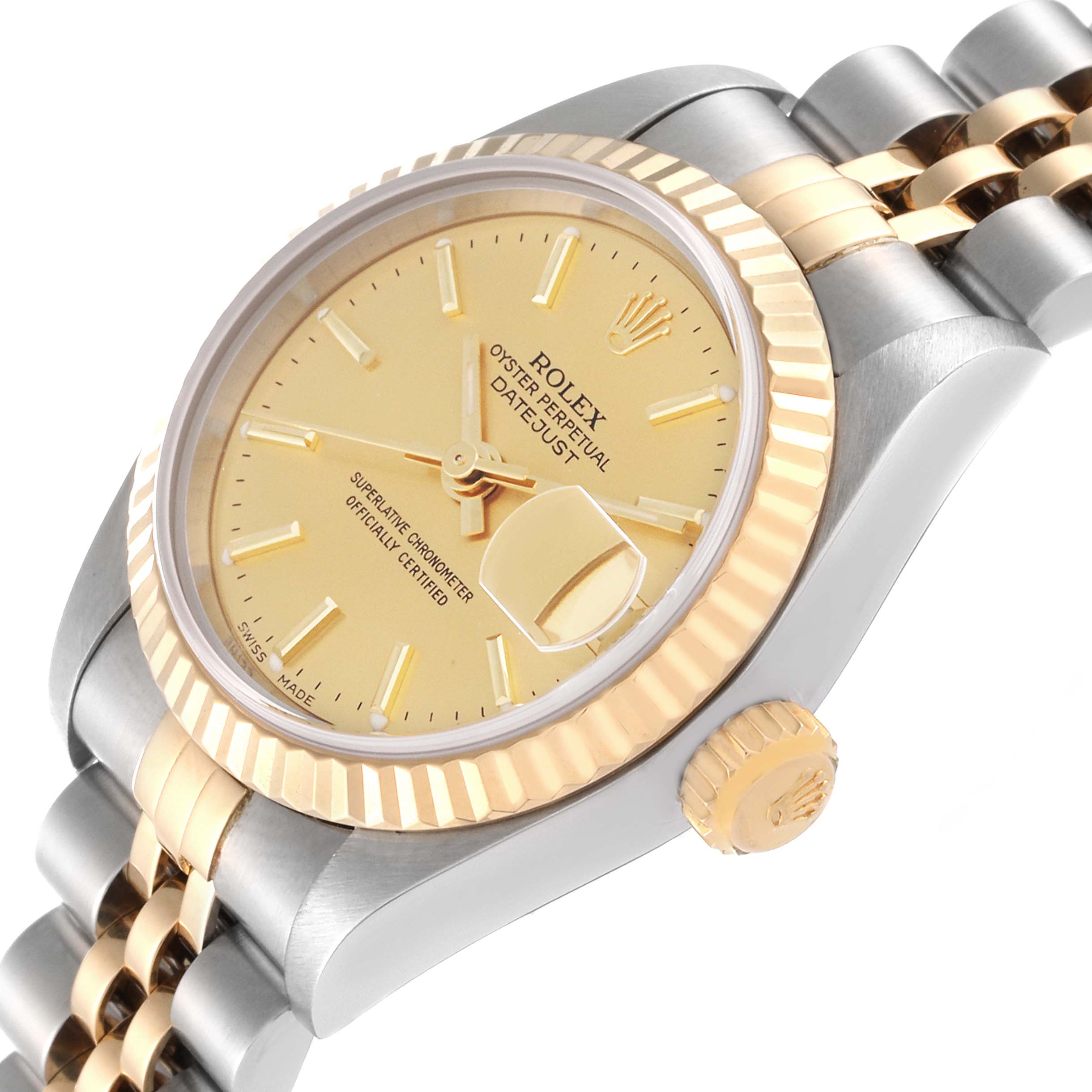 The image shows a side angle of a Rolex Datejust 79173 Women's Steel and Gold (two tone) Champagne Dial 79173 Women's Steel and Gold (two tone) Champagne Dial watch, highlighting the dial, bezel, crown, and two-tone bracelet.