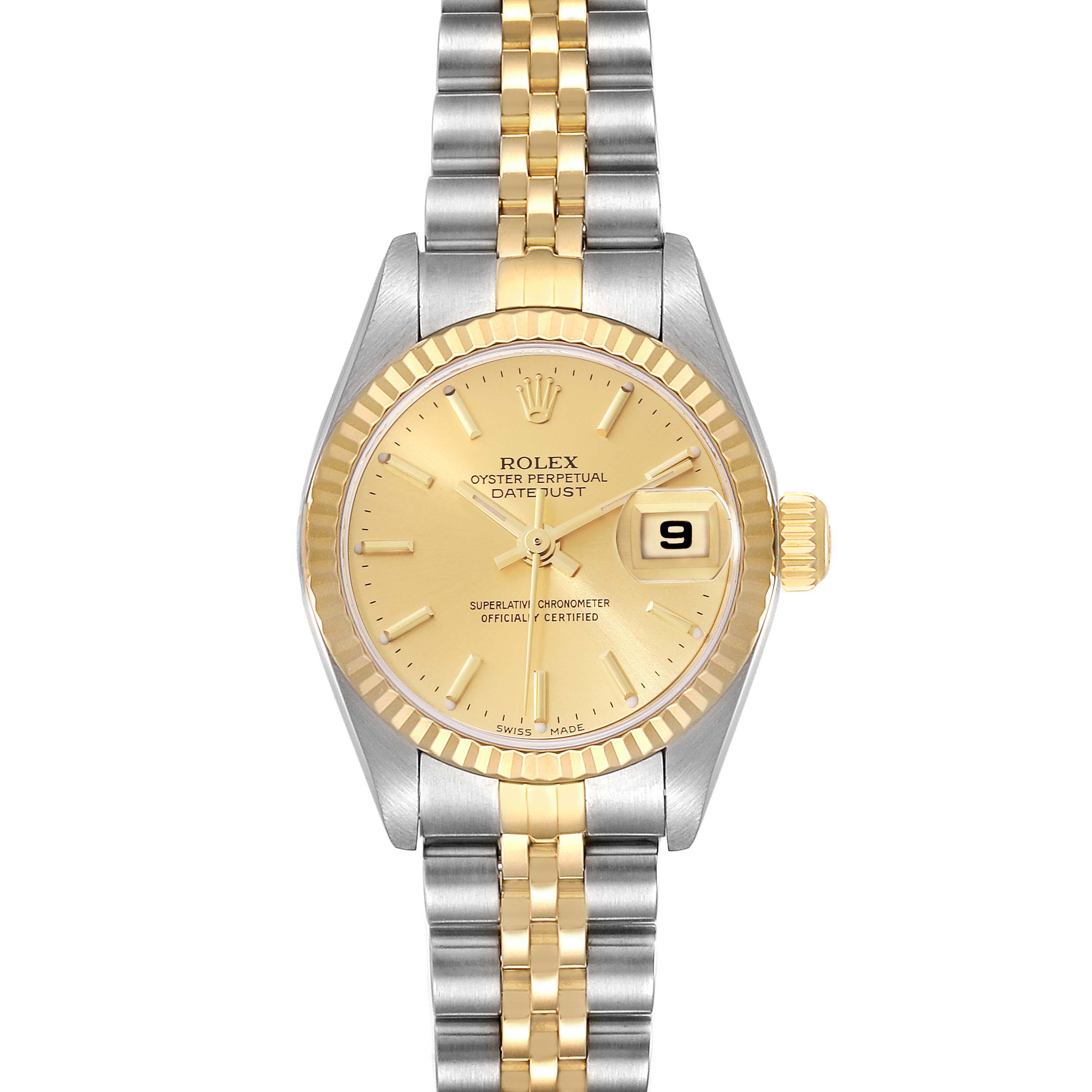 The image shows a frontal view of a Rolex Datejust 79173 Women's Steel and Gold (two tone) Champagne Dial 79173 Women's Steel and Gold (two tone) Champagne Dial watch, highlighting the gold dial, two-tone bracelet, and date window.