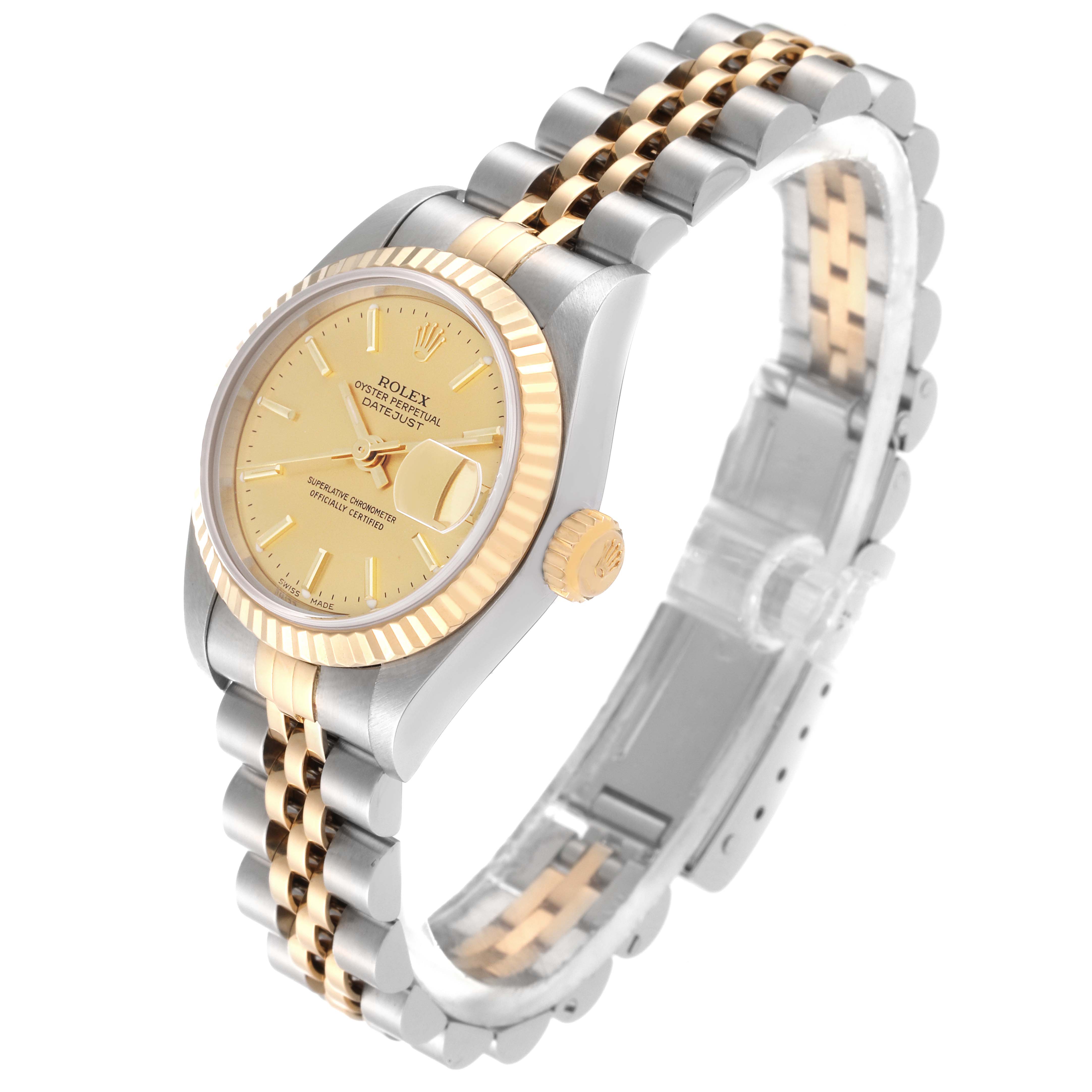 This image shows a Rolex Datejust 79173 Women's Steel and Gold (two tone) Champagne Dial 79173 Women's Steel and Gold (two tone) Champagne Dial watch at a three-quarter angle, highlighting its two-tone strap, fluted bezel, and champagne dial.