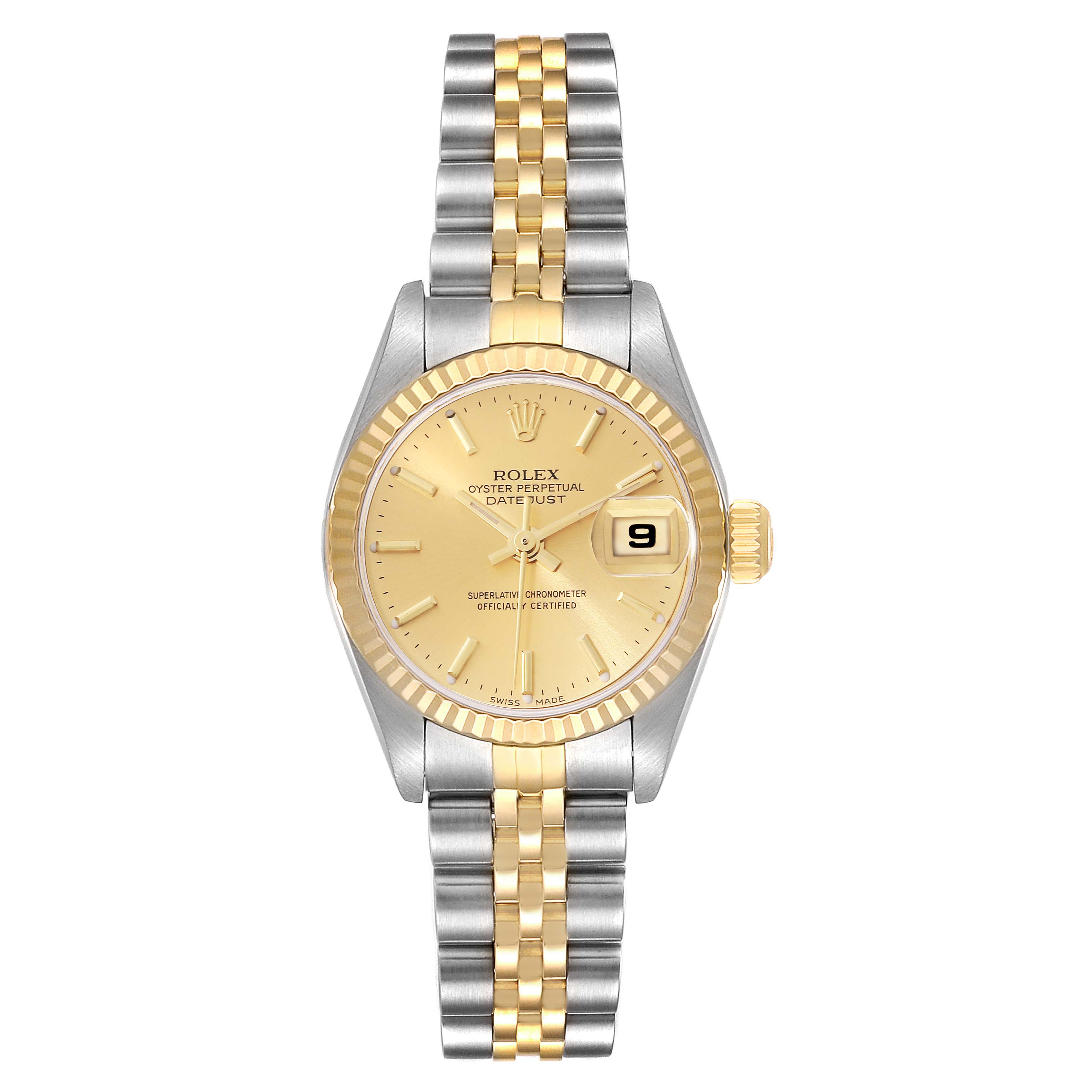 The image shows a front view of a Rolex Datejust 79173 Women's Steel and Gold (two tone) Champagne Dial 79173 Women's Steel and Gold (two tone) Champagne Dial watch, displaying the dial, hands, date window, bezel, and two-tone bracelet.