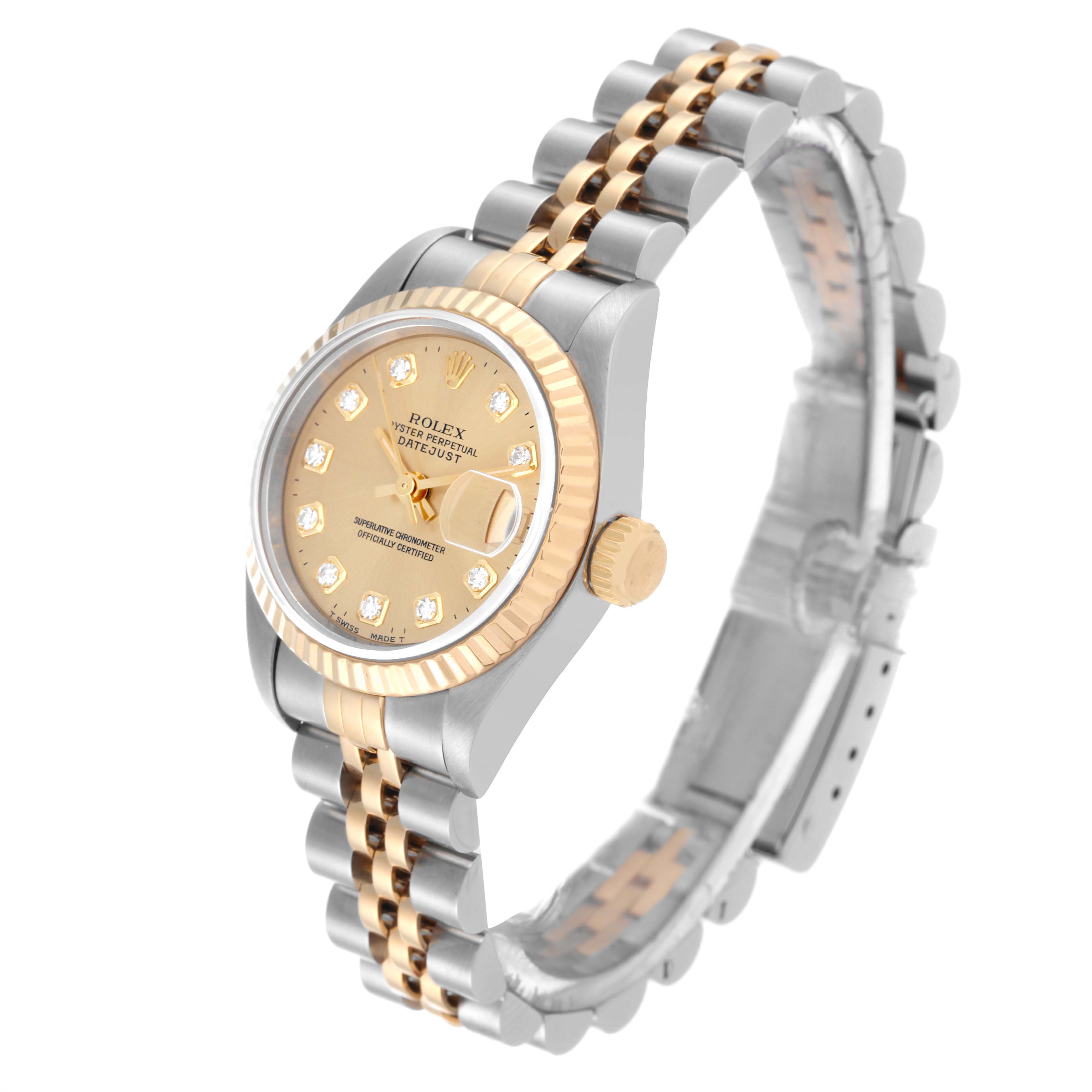 The Rolex Datejust 69173 Women's Steel and Gold (two tone) Champagne Dial 69173 Women's Steel and Gold (two tone) Champagne Dial watch is shown at a slight angle, displaying the dial, bezel, crown, and two-tone bracelet.