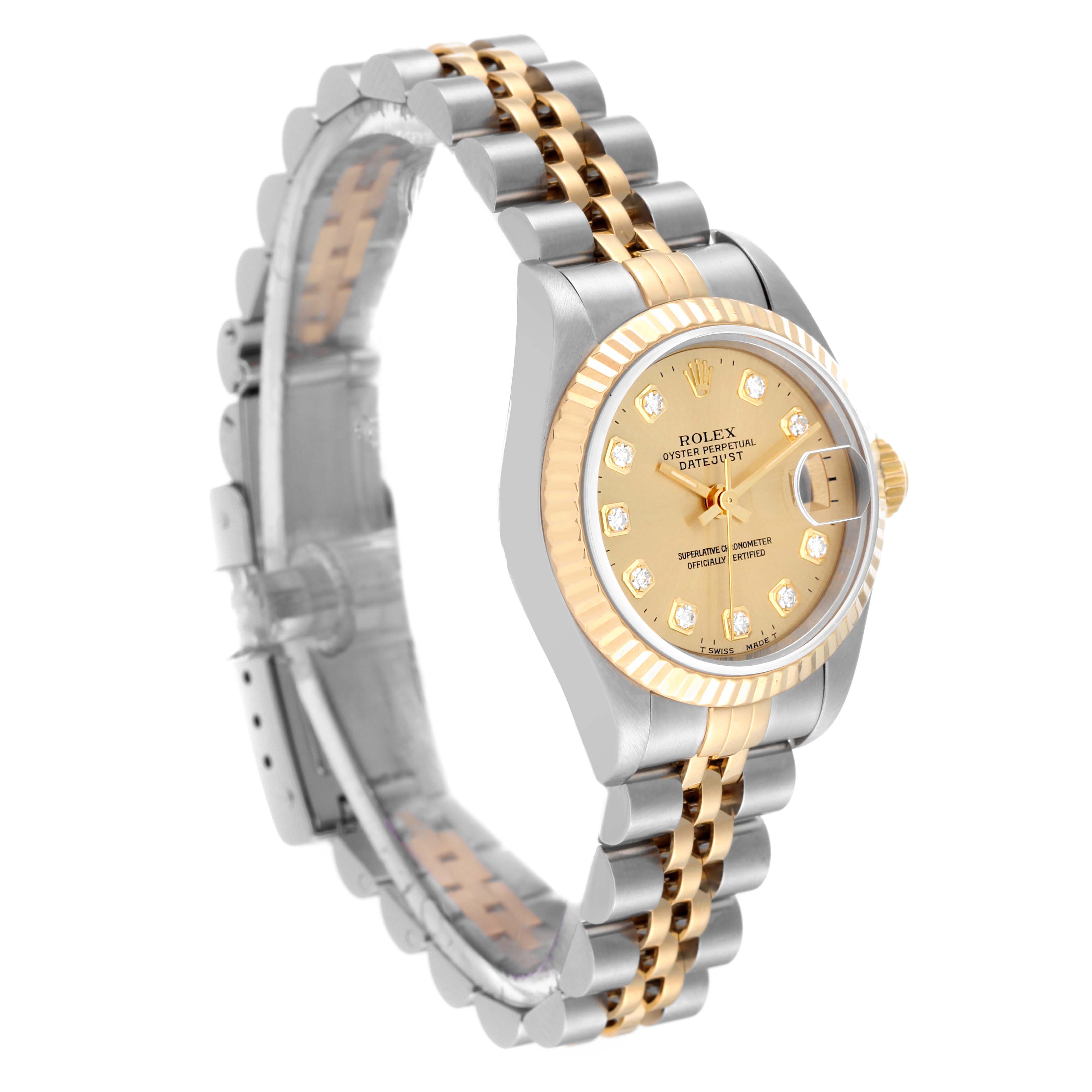 This Rolex Datejust 69173 Women's Steel and Gold (two tone) Champagne Dial 69173 Women's Steel and Gold (two tone) Champagne Dial watch is shown from an angled side view, displaying the dial, case, and jubilee bracelet.