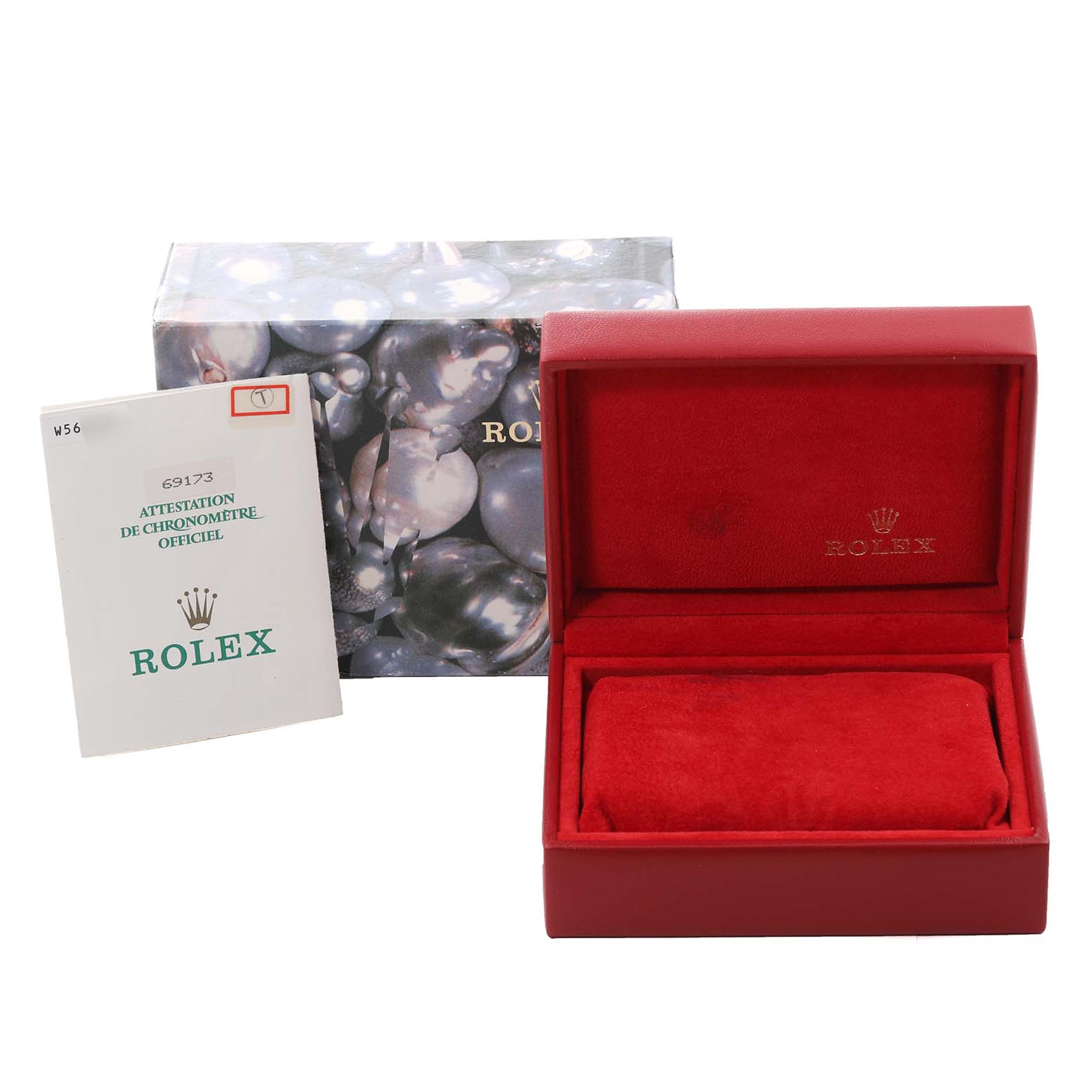 The image shows the packaging, booklet, and empty box for a Rolex Datejust 69173 Women's Steel and Gold (two tone) Champagne Dial 69173 Women's Steel and Gold (two tone) Champagne Dial watch.