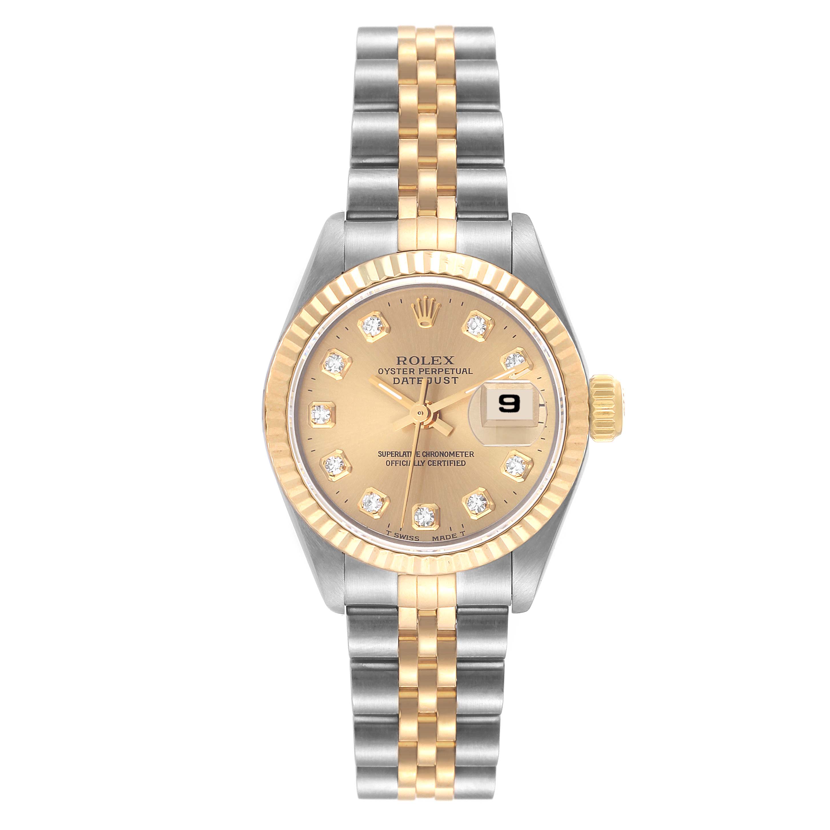 The image shows a frontal view of a Rolex Datejust 69173 Women's Steel and Gold (two tone) Champagne Dial 69173 Women's Steel and Gold (two tone) Champagne Dial model, displaying the dial, bezel, bracelet, and date window.