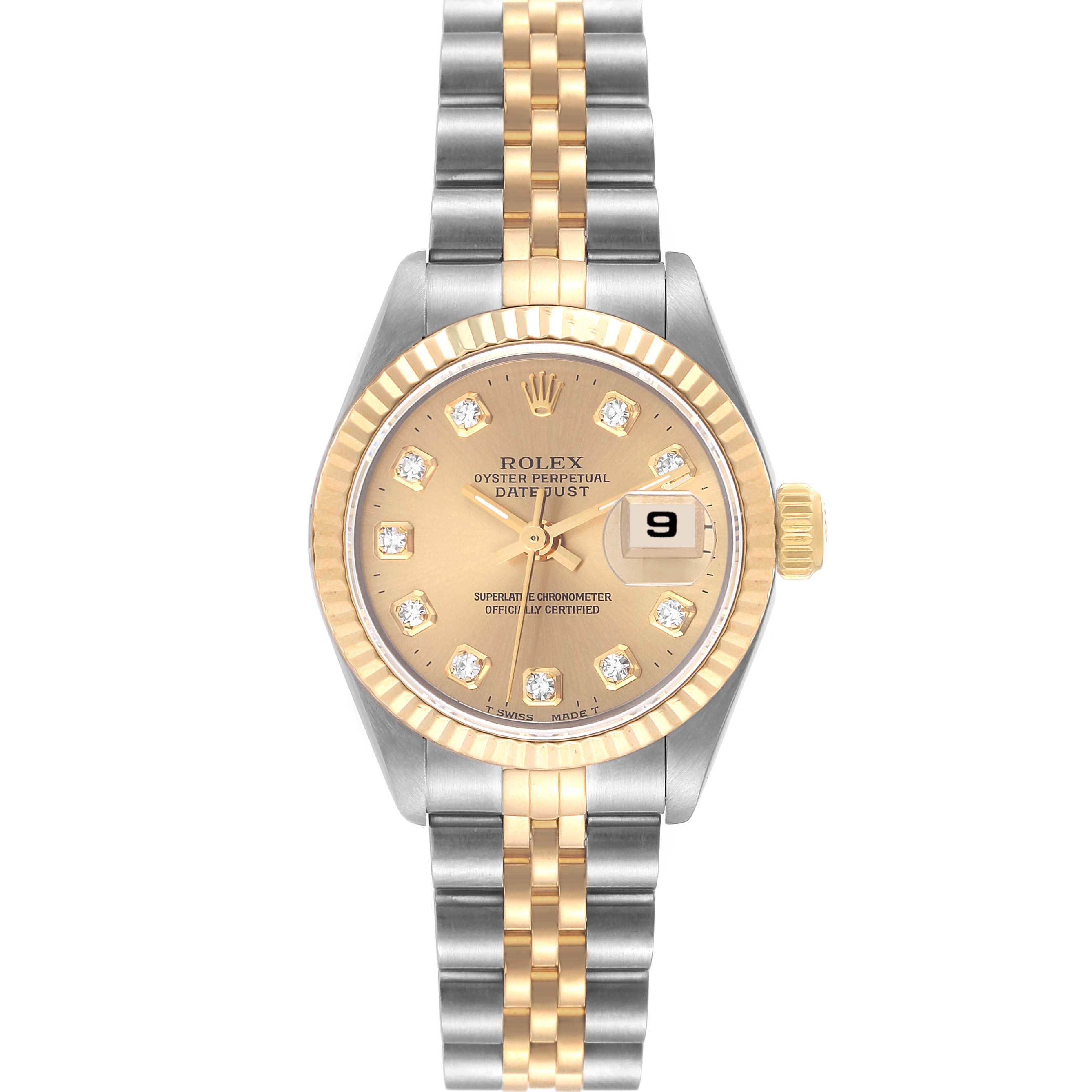 The image shows a front view of the Rolex Datejust 69173 Women's Steel and Gold (two tone) Champagne Dial 69173 Women's Steel and Gold (two tone) Champagne Dial watch, highlighting its dial, bezel, and two-tone bracelet.