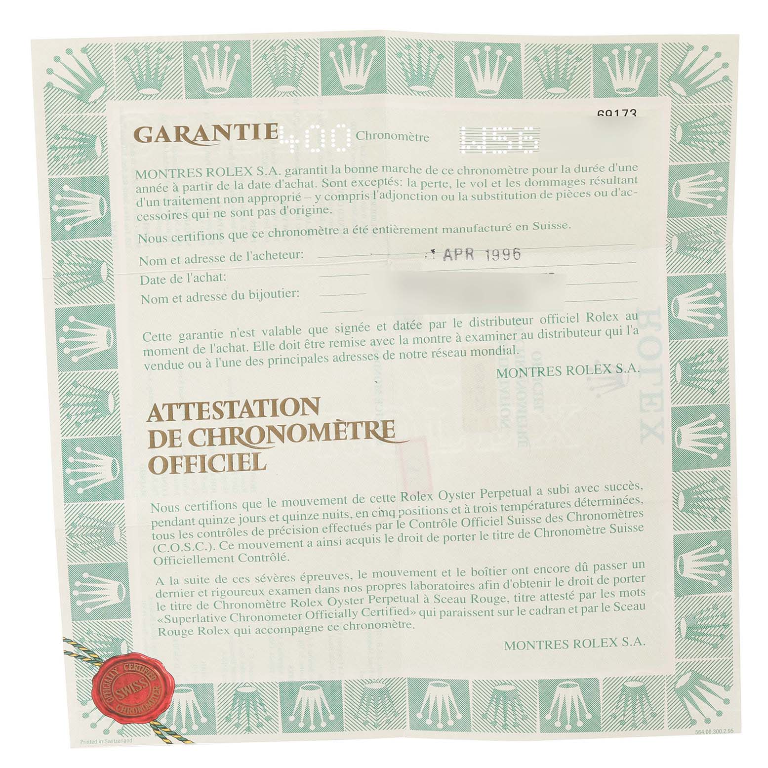 The image shows the warranty and official chronometer certification for the Rolex Datejust 69173 Women's Steel and Gold (two tone) Champagne Dial 69173 Women's Steel and Gold (two tone) Champagne Dial model, viewed from above.