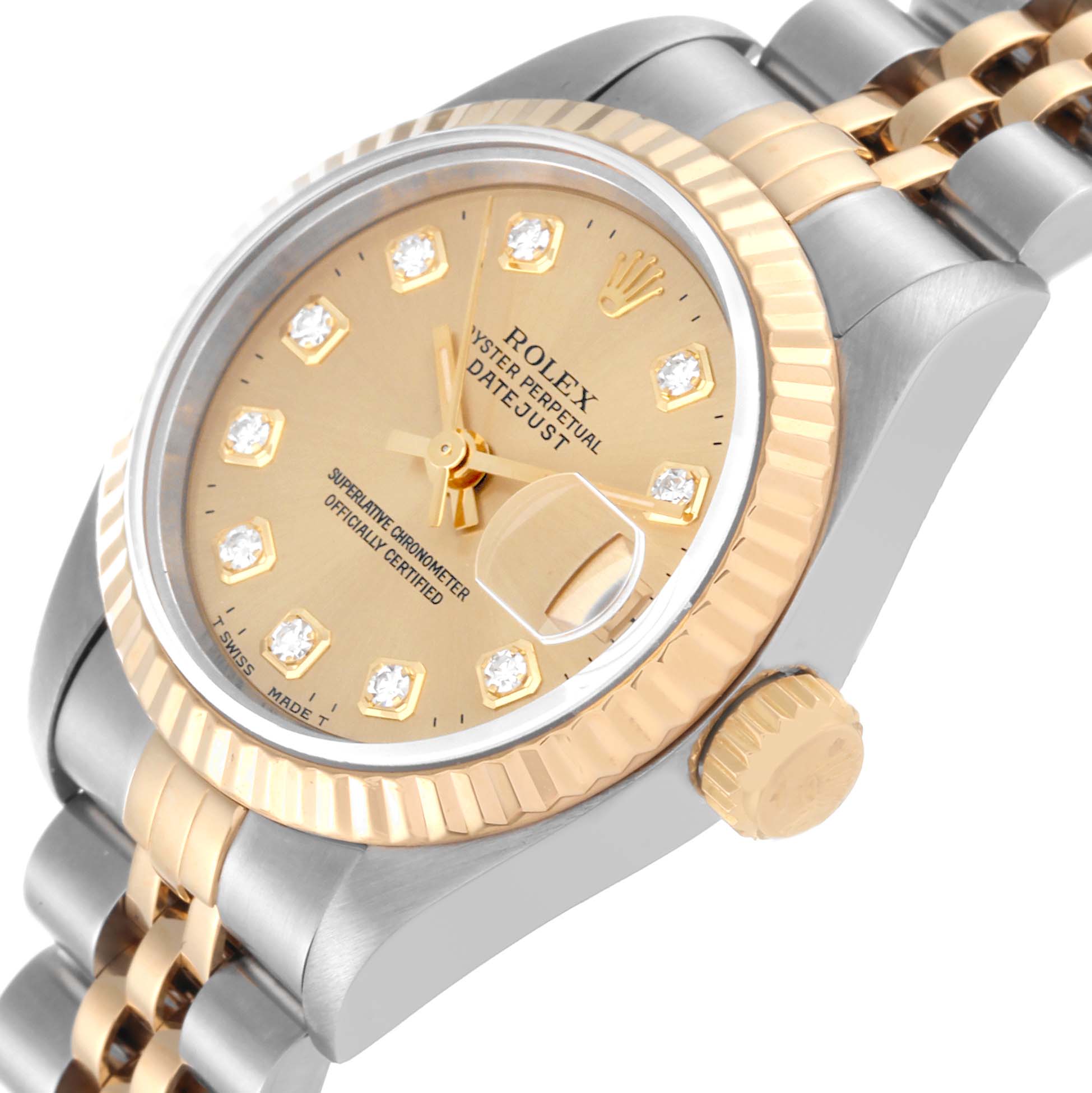 The image shows a close-up angled view of a Rolex Datejust 69173 Women's Steel and Gold (two tone) Champagne Dial 69173 Women's Steel and Gold (two tone) Champagne Dial watch, highlighting the dial, bezel, and part of the bracelet.