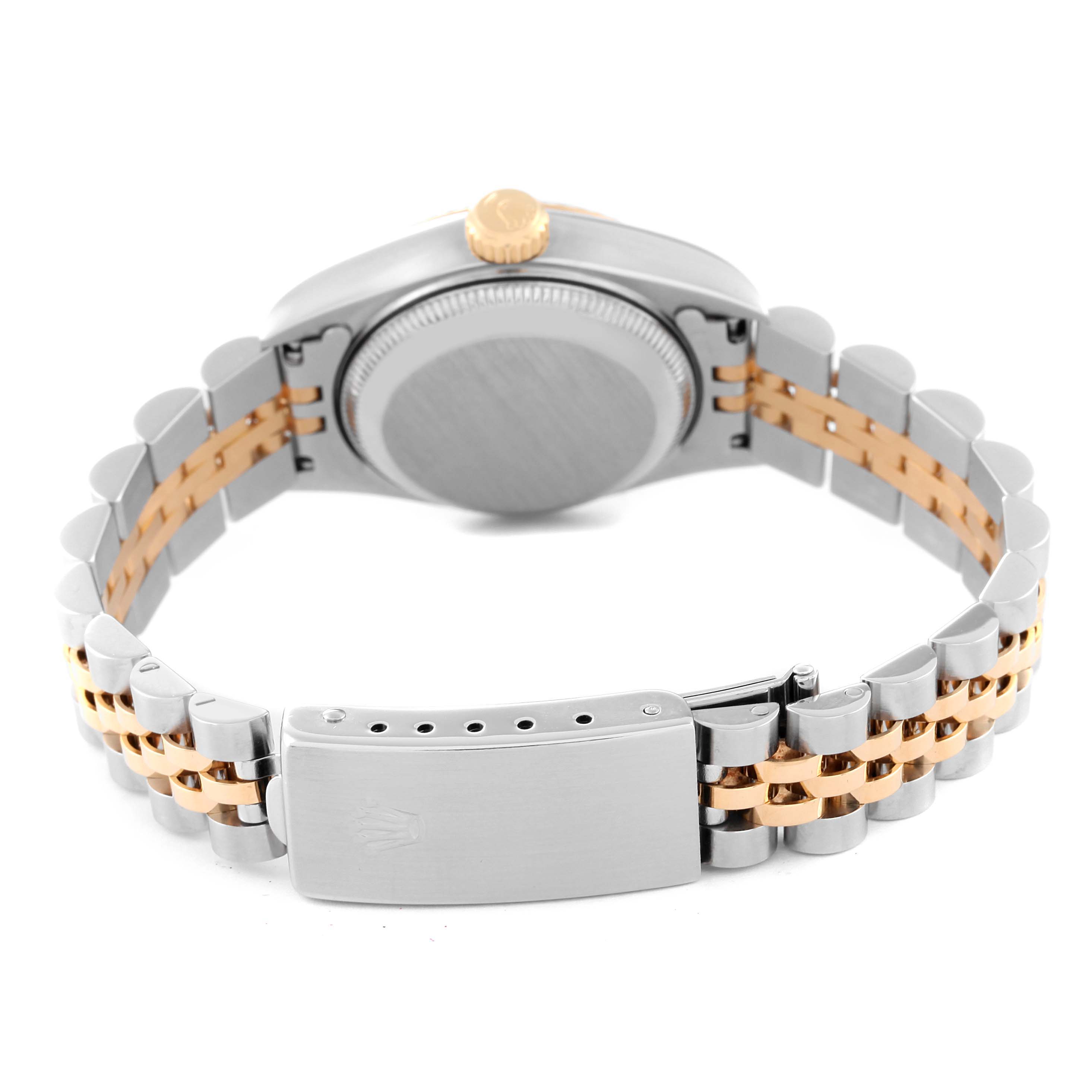 The image shows the back of the Rolex Datejust 69173 Women's Steel and Gold (two tone) Champagne Dial 69173 Women's Steel and Gold (two tone) Champagne Dial watch, highlighting the clasp, bracelet, and case back.
