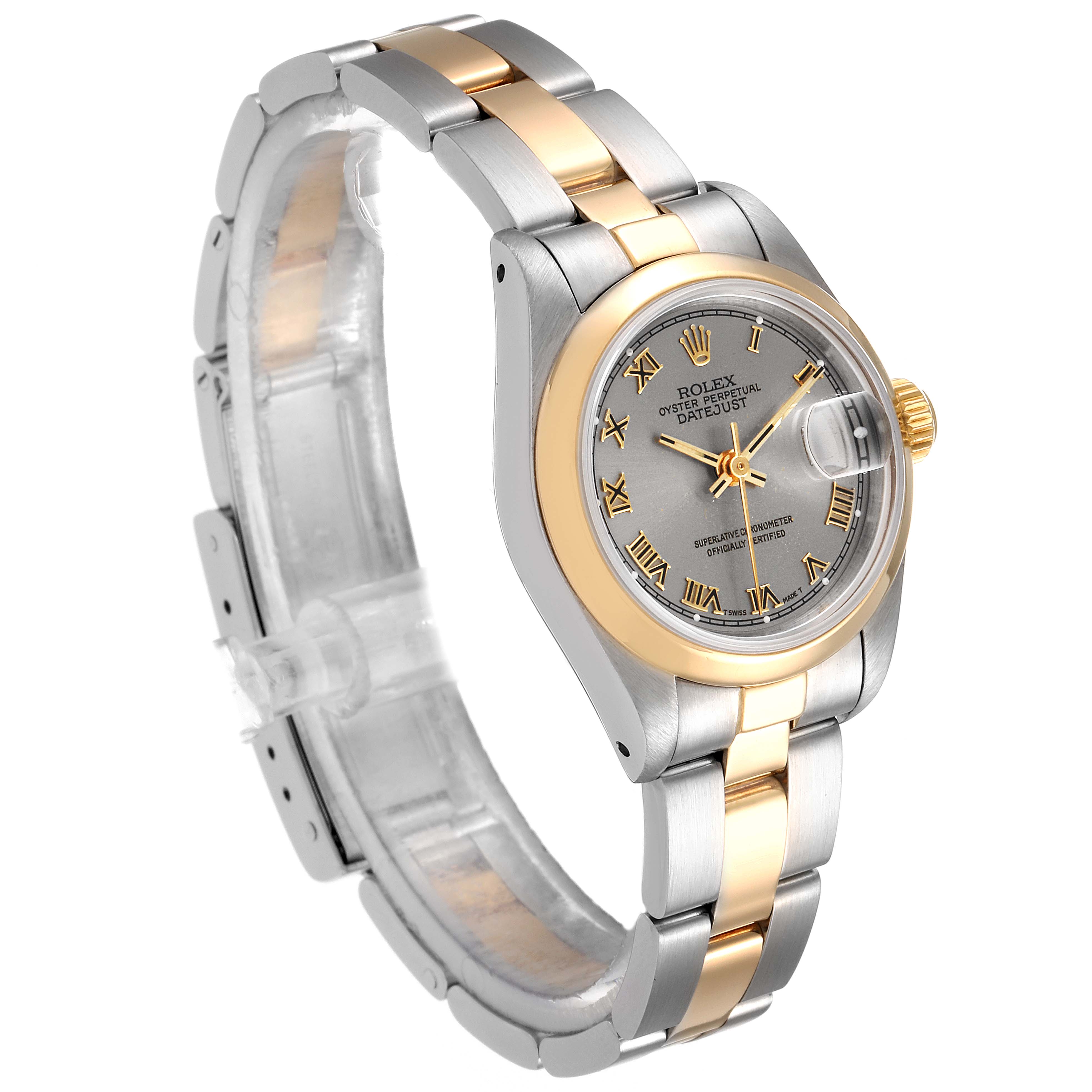 The Rolex Datejust 69163 Women's Steel and Gold (two tone) Grey Dial 69163 Women's Steel and Gold (two tone) Grey Dial watch is shown at a three-quarter angle, displaying its face, bezel, and part of the bracelet.