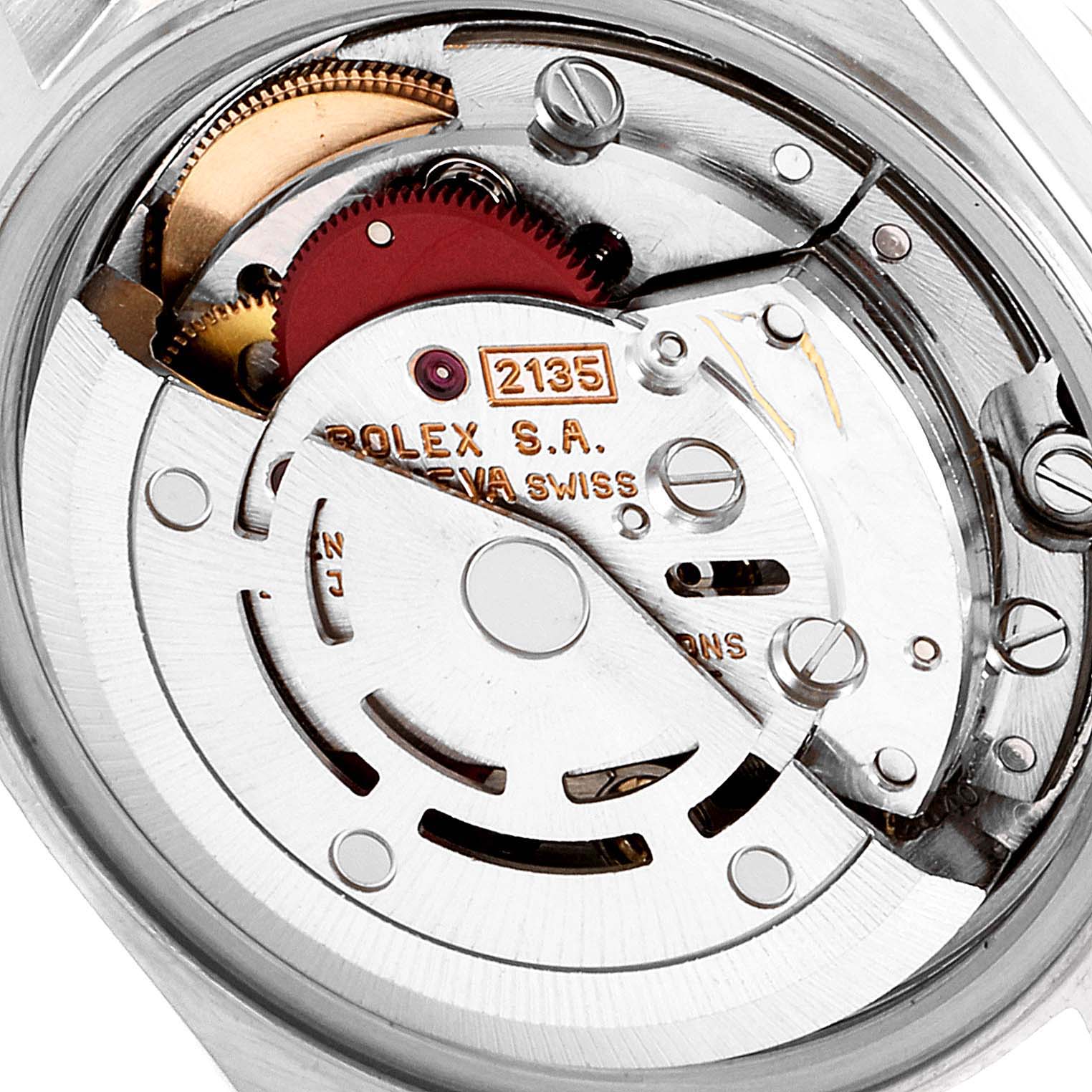 This is a close-up view of the movement of a Rolex Datejust 69163 Women's Steel and Gold (two tone) Grey Dial 69163 Women's Steel and Gold (two tone) Grey Dial watch, showing the intricate inner mechanisms.