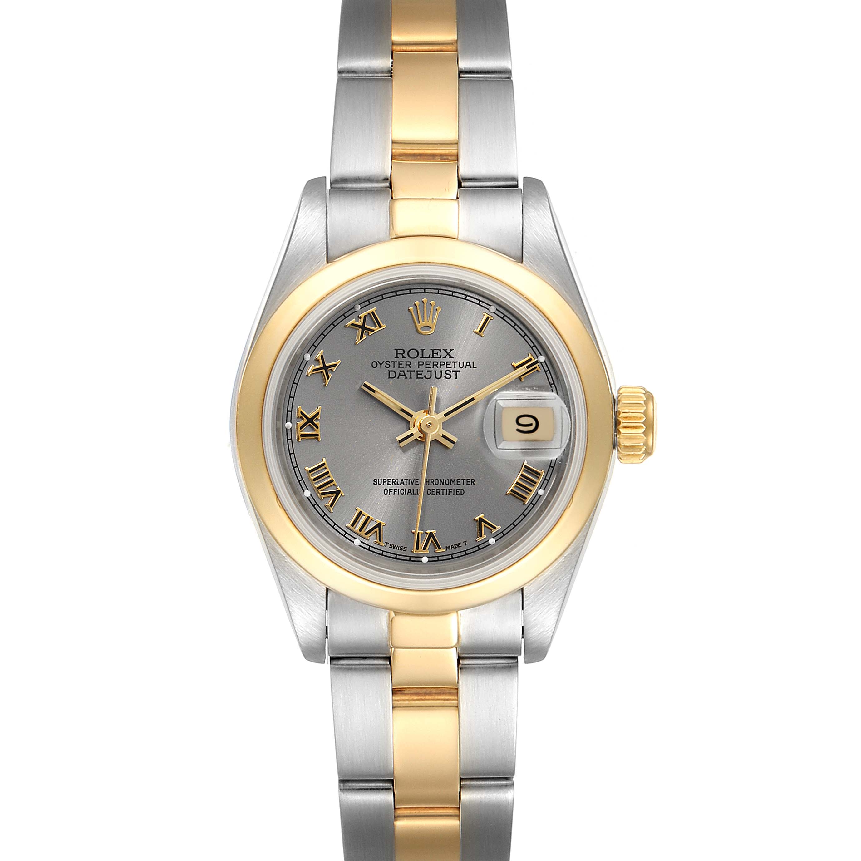 This image shows a Rolex Datejust 69163 Women's Steel and Gold (two tone) Grey Dial 69163 Women's Steel and Gold (two tone) Grey Dial watch from a top-down angle, displaying the dial, bezel, and bracelet.