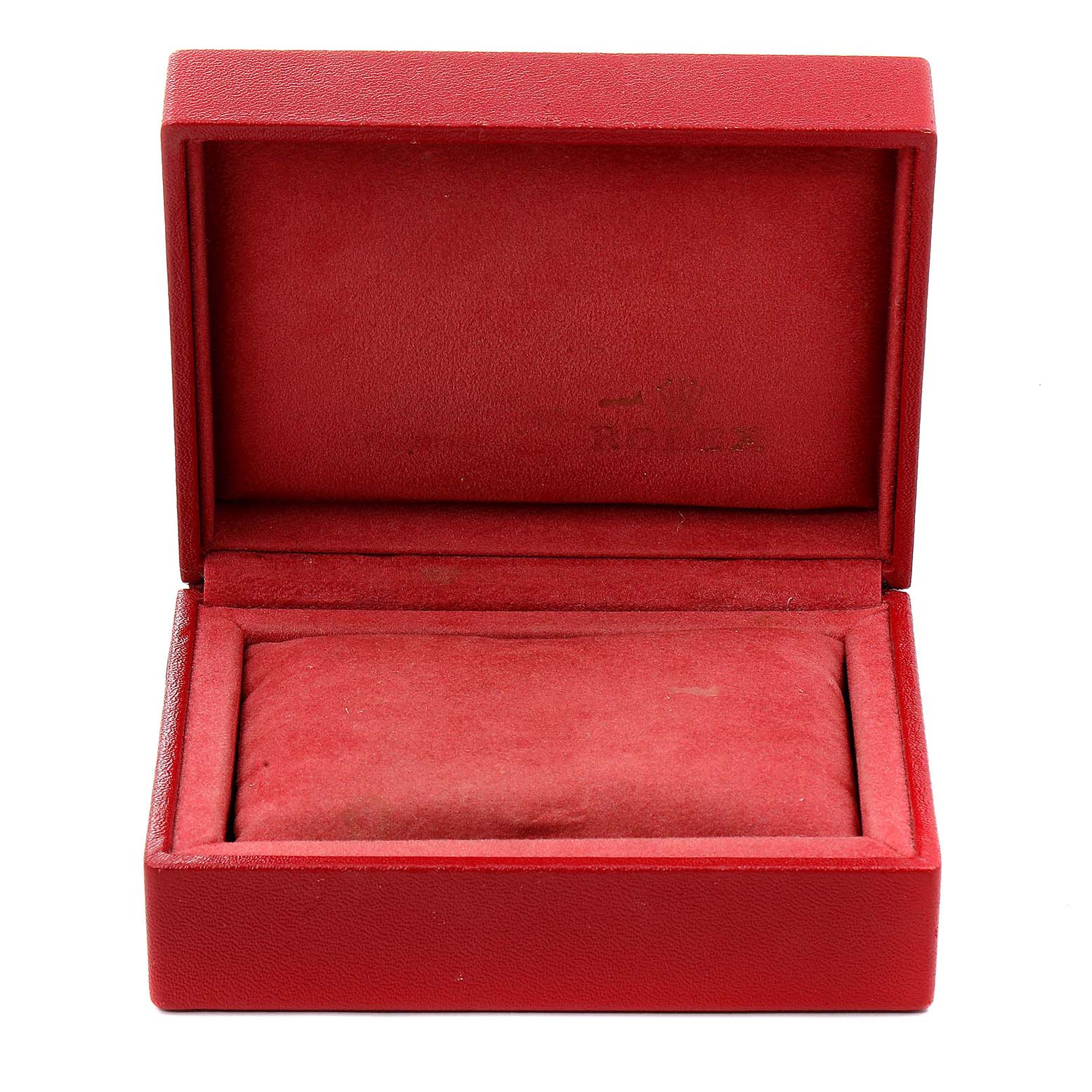 This image shows an open, red Rolex watch box, likely for the Datejust model.