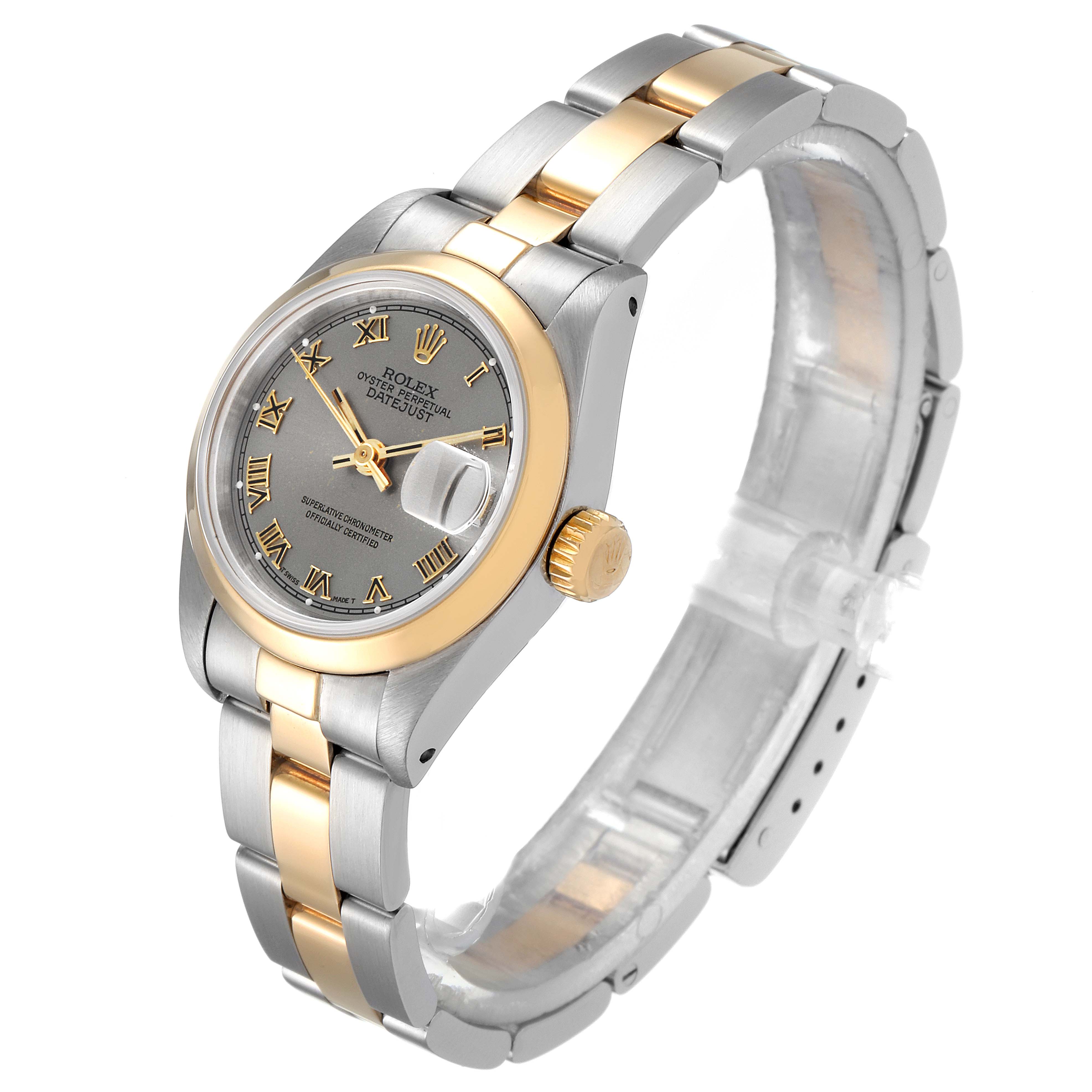 This image shows a Rolex Datejust 69163 Women's Steel and Gold (two tone) Grey Dial 69163 Women's Steel and Gold (two tone) Grey Dial watch at a three-quarter angle, highlighting the dial, bezel, crown, and bracelet.