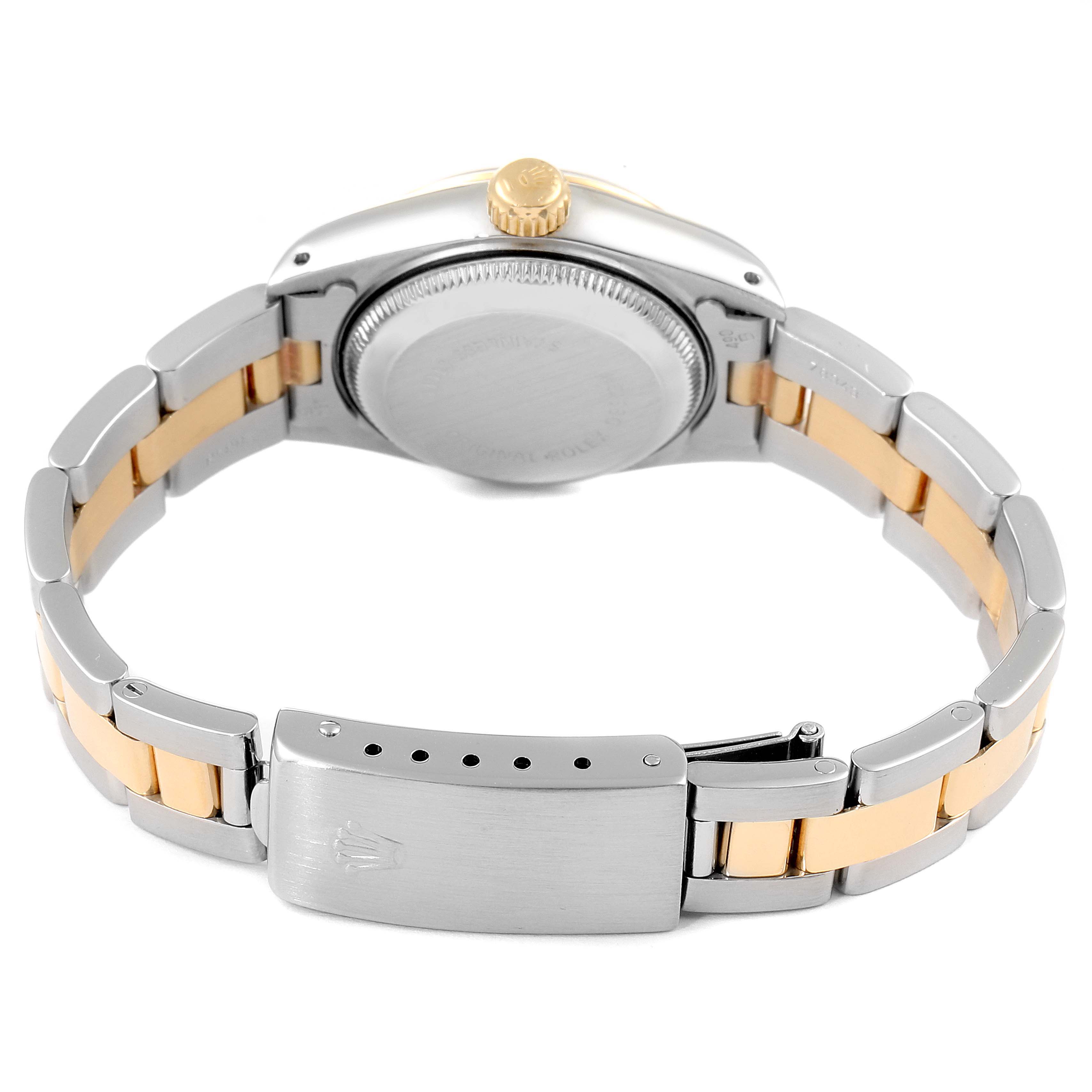 This image shows the back view of a Rolex Datejust 69163 Women's Steel and Gold (two tone) Grey Dial 69163 Women's Steel and Gold (two tone) Grey Dial watch, highlighting the case back, crown, and two-tone bracelet with clasp.