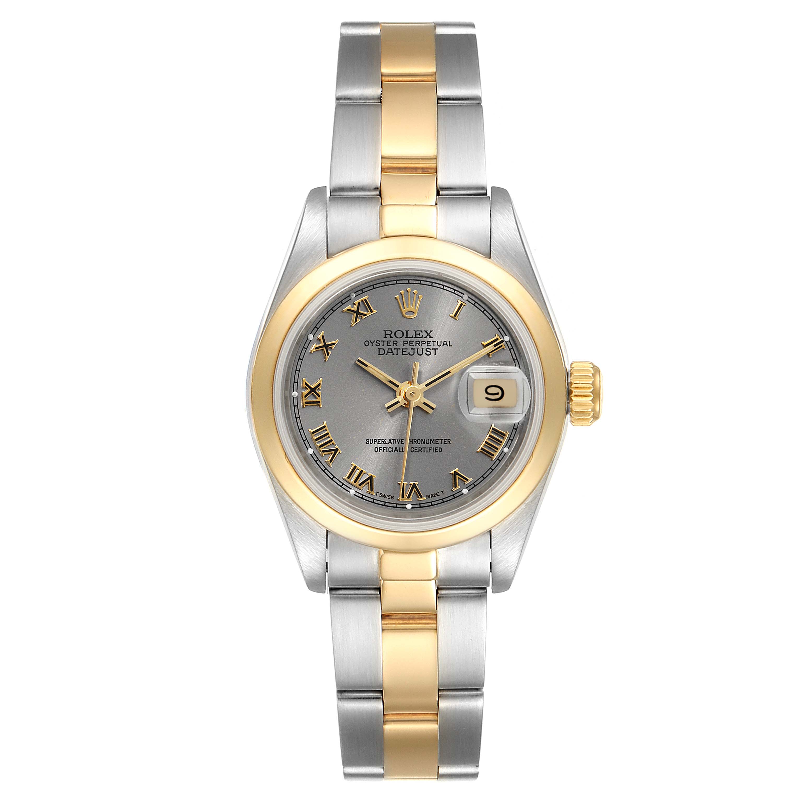 The image shows a front view of a Rolex Datejust 69163 Women's Steel and Gold (two tone) Grey Dial 69163 Women's Steel and Gold (two tone) Grey Dial watch, highlighting its dial, bezel, crown, and two-tone bracelet.