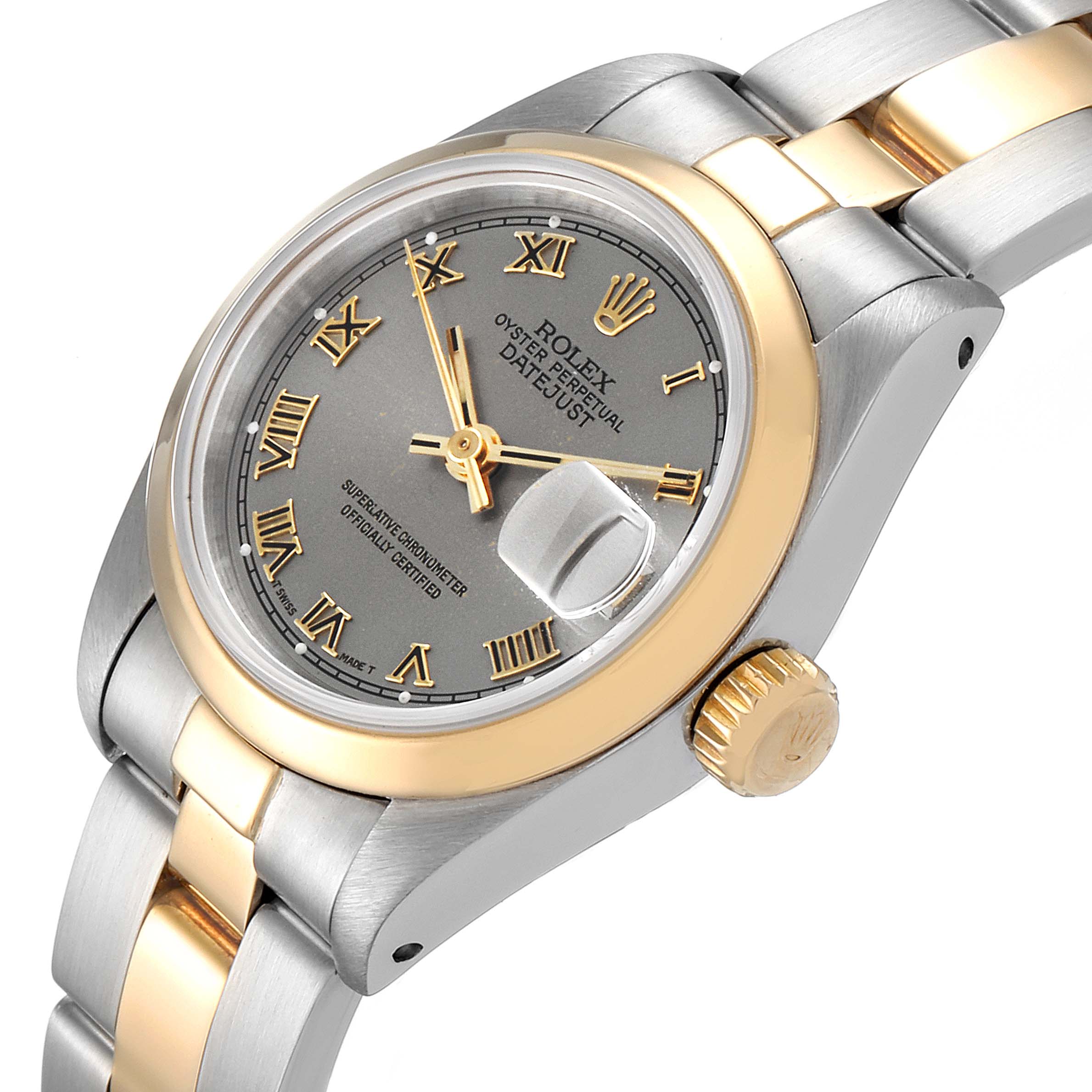 This image shows a close-up angle of a Rolex Datejust 69163 Women's Steel and Gold (two tone) Grey Dial 69163 Women's Steel and Gold (two tone) Grey Dial watch, focusing on the dial, crown, and part of the bracelet.