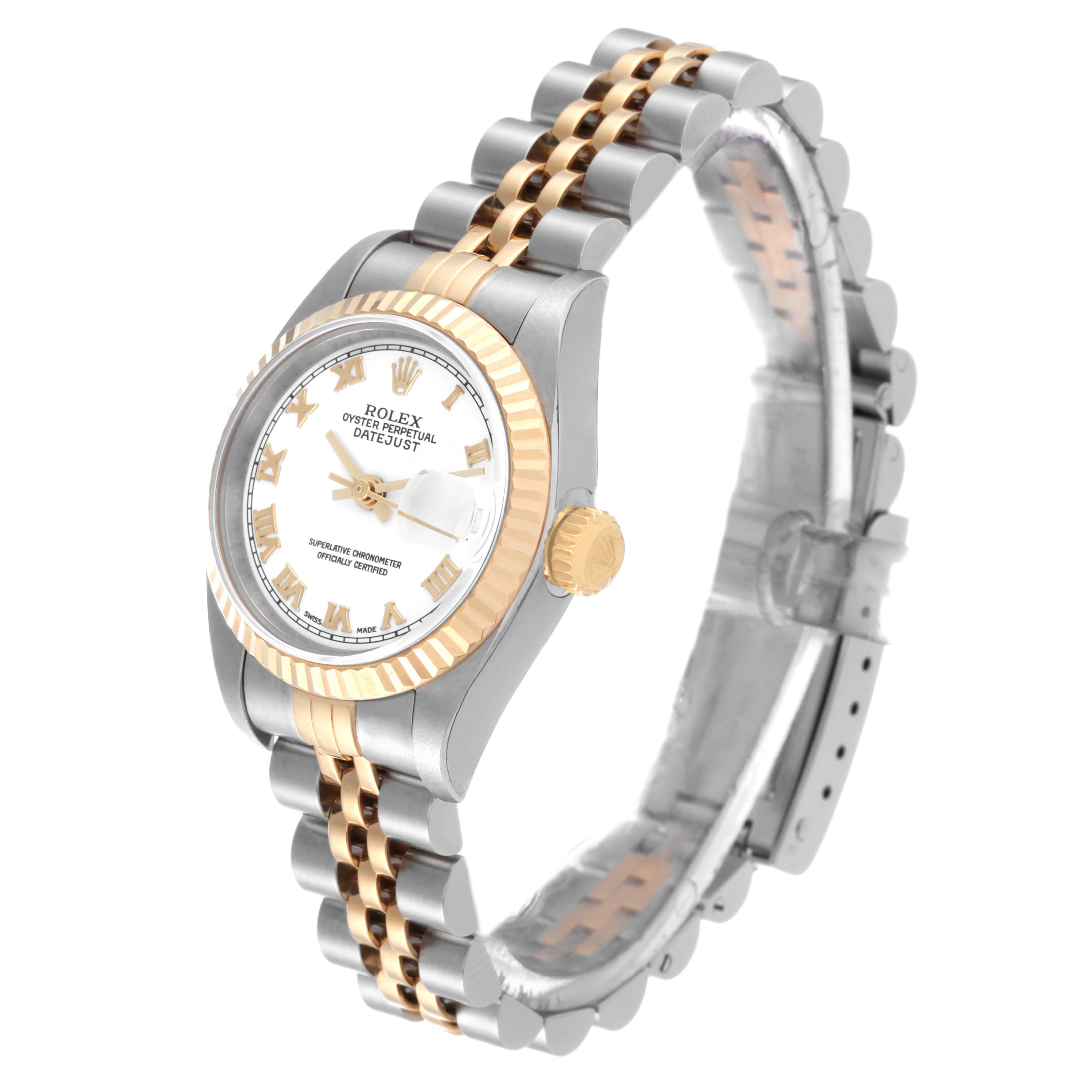 The image shows a side-angle view of a Rolex Datejust 79173 Women's Steel and Gold (two tone) White Dial 79173 Women's Steel and Gold (two tone) White Dial watch, highlighting its dial, bezel, crown, and two-tone Jubilee bracelet.