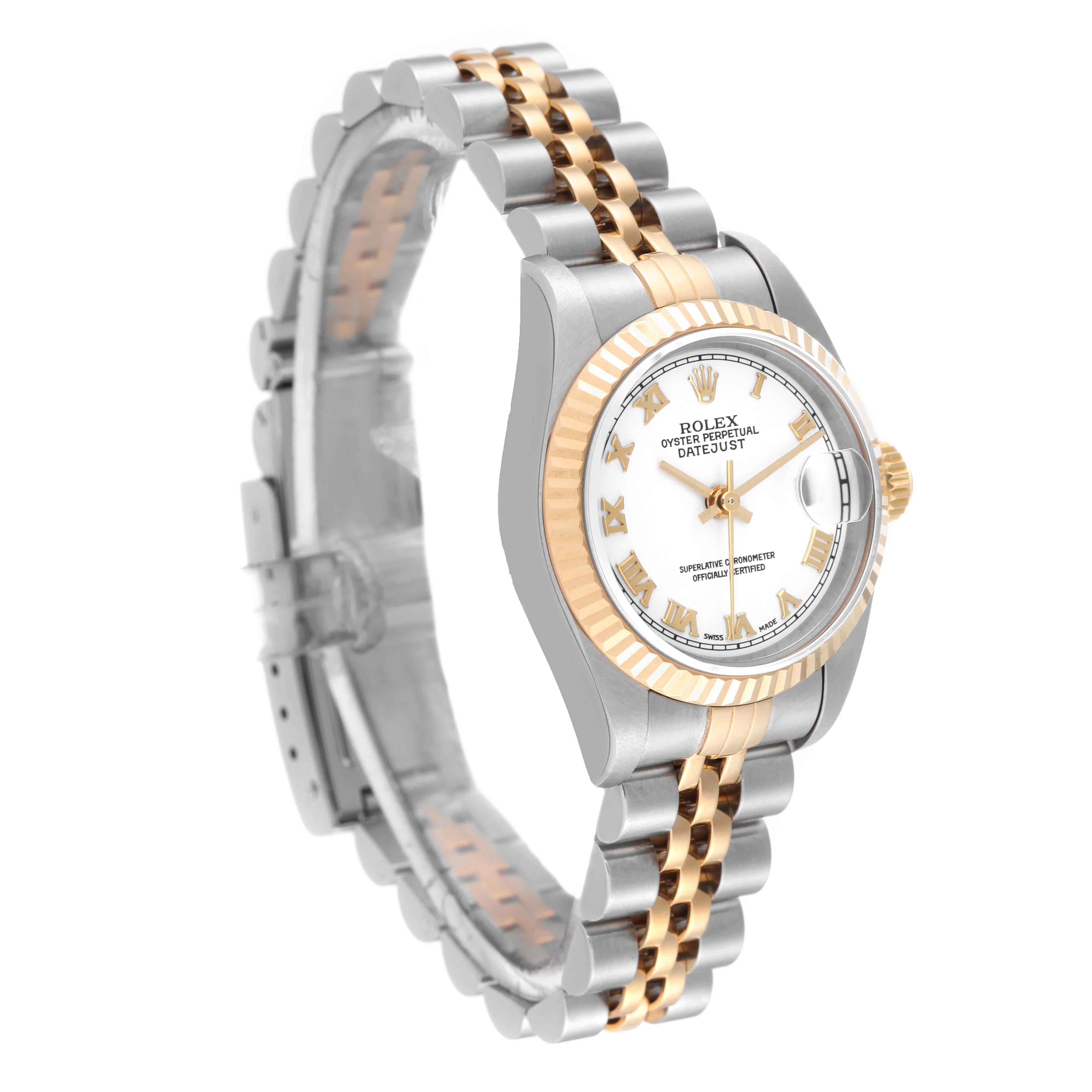 The Rolex Datejust 79173 Women's Steel and Gold (two tone) White Dial 79173 Women's Steel and Gold (two tone) White Dial watch is shown at a three-quarter angle, displaying the face, bezel, and bracelet.