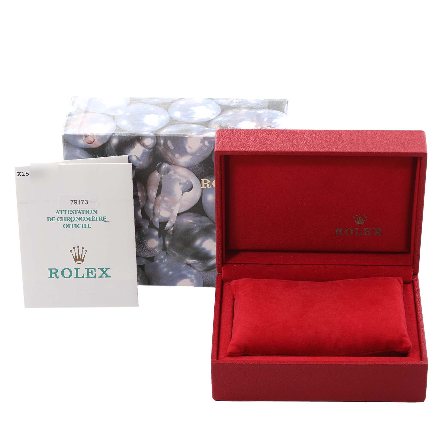 The image shows the packaging and official documents for a Rolex Datejust 79173 Women's Steel and Gold (two tone) White Dial 79173 Women's Steel and Gold (two tone) White Dial watch, including a red box and a certificate.