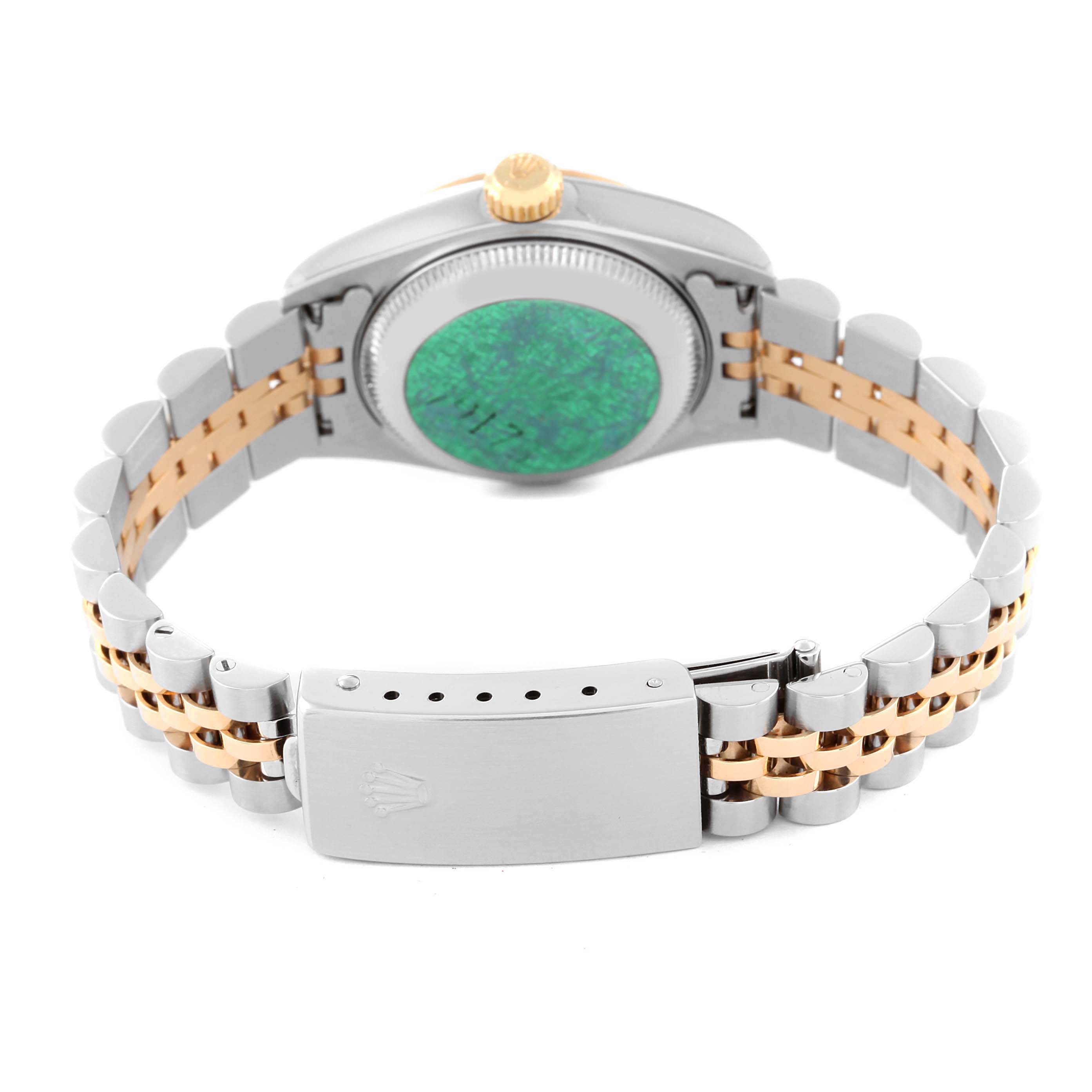 This image shows the back view of a Rolex Datejust 79173 Women's Steel and Gold (two tone) White Dial 79173 Women's Steel and Gold (two tone) White Dial watch, including the bracelet and clasp.