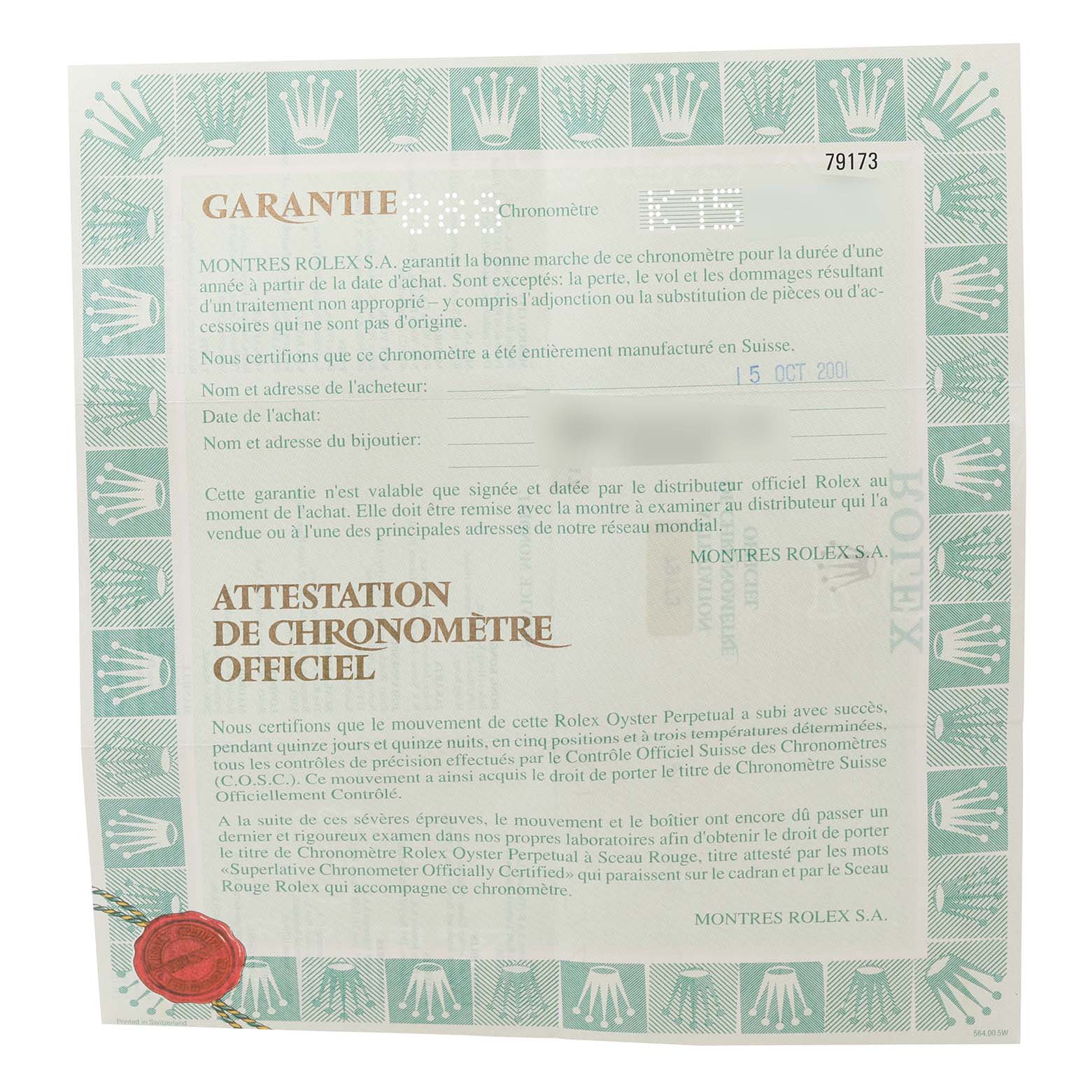 The image shows a warranty card for a Rolex Datejust 79173 Women's Steel and Gold (two tone) White Dial 79173 Women's Steel and Gold (two tone) White Dial model, with text in French outlining the terms of the guarantee.