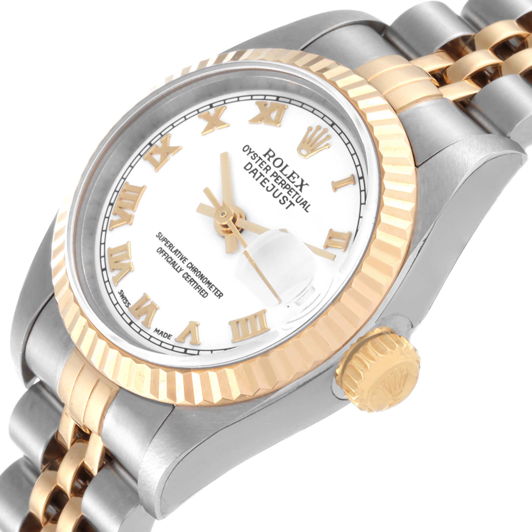 The image shows a close-up angled view of the Rolex Datejust 79173 Women's Steel and Gold (two tone) White Dial 79173 Women's Steel and Gold (two tone) White Dial, highlighting the watch face, fluted bezel, and crown.