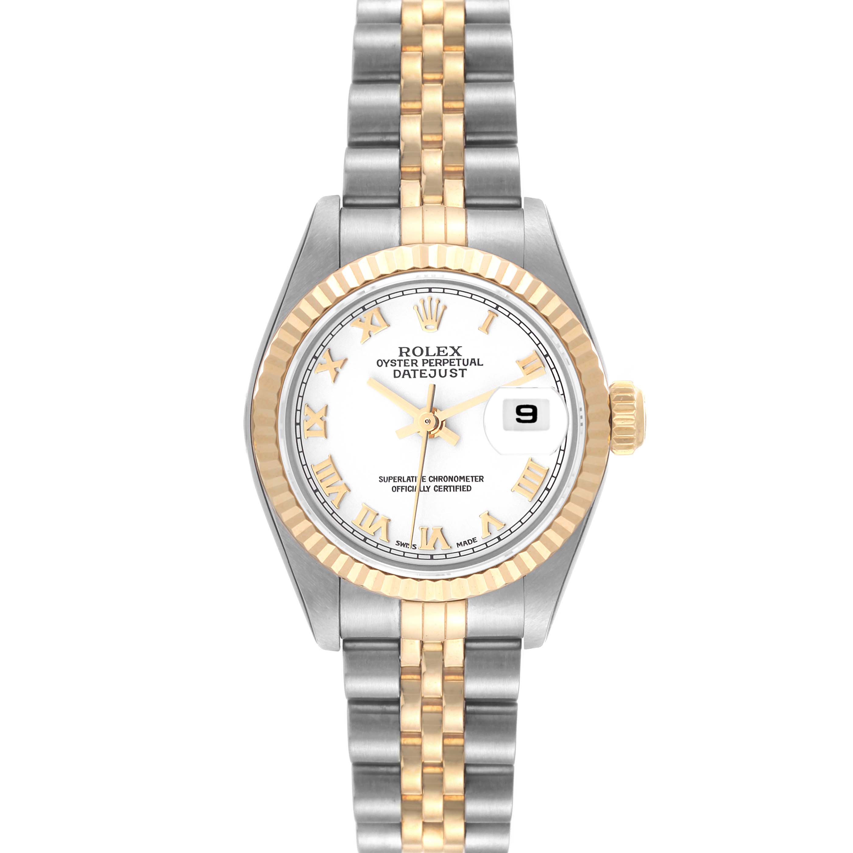 This image shows a front view of the Rolex Datejust 79173 Women's Steel and Gold (two tone) White Dial 79173 Women's Steel and Gold (two tone) White Dial watch, displaying its face, bezel, and bracelet.